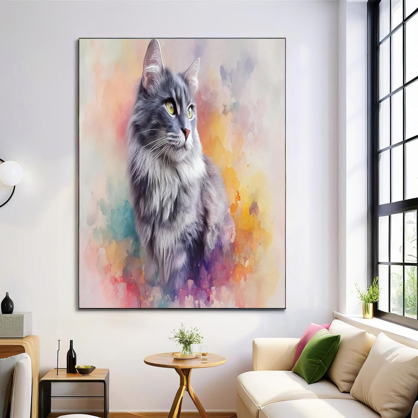 GDJSMIN Digital Airbrush Style Wall Art, Watercolor Beautiful Gray Cat Poster for Reading Room Living Room Decor 16x 24 inch Unframed