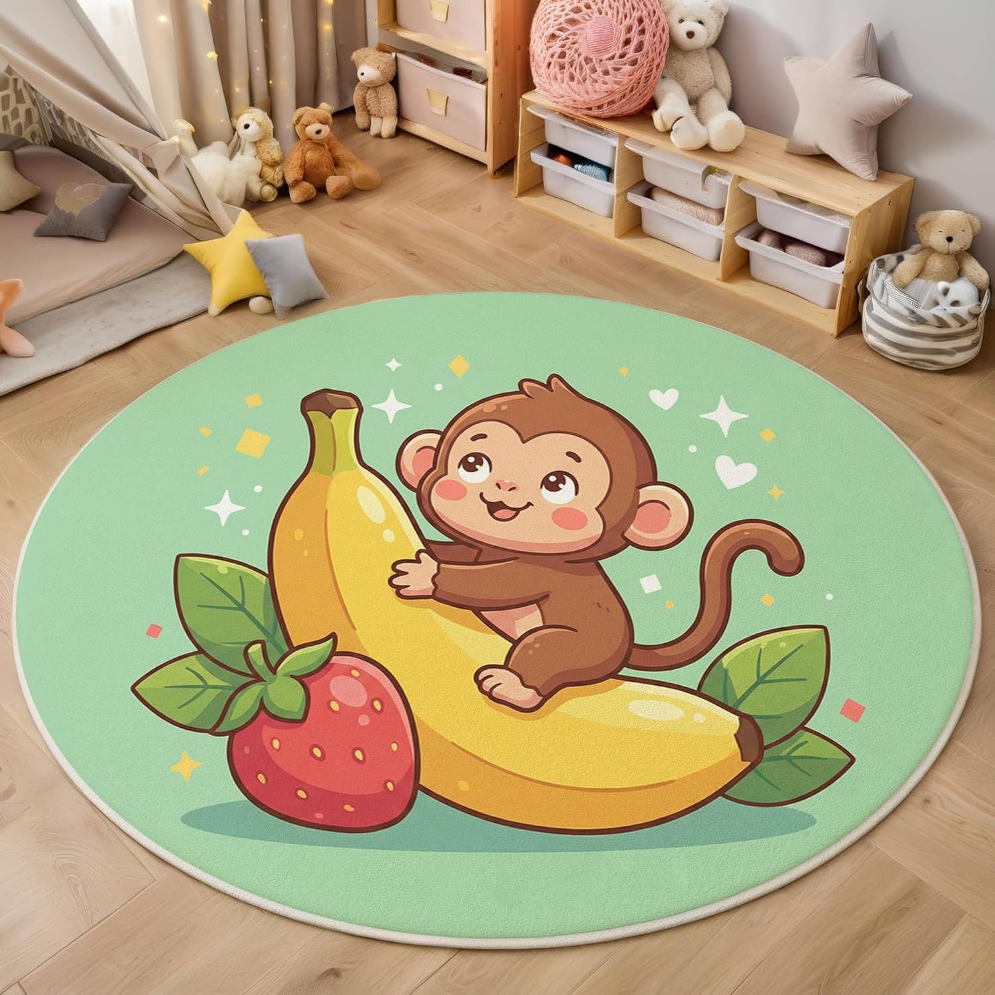 Round Rug for Kids Room, Cartoon Monkey Banana Round Rugs 4Ft, Cute Animals Circle Rug, Sage Green Washable Circle Carpet for Living Room Bedroom, Non Slip Low Pile Thin Area Rugs