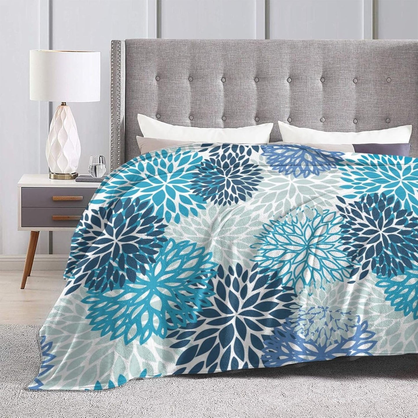 Blue Navy Chrysanthemum Flowers Bed Blanket Ultra Soft Throw Blanket All Season Warm Light Weight Cozy Plush Blankets for Home Bedroom Sofa Chair Travel, 60"X80"