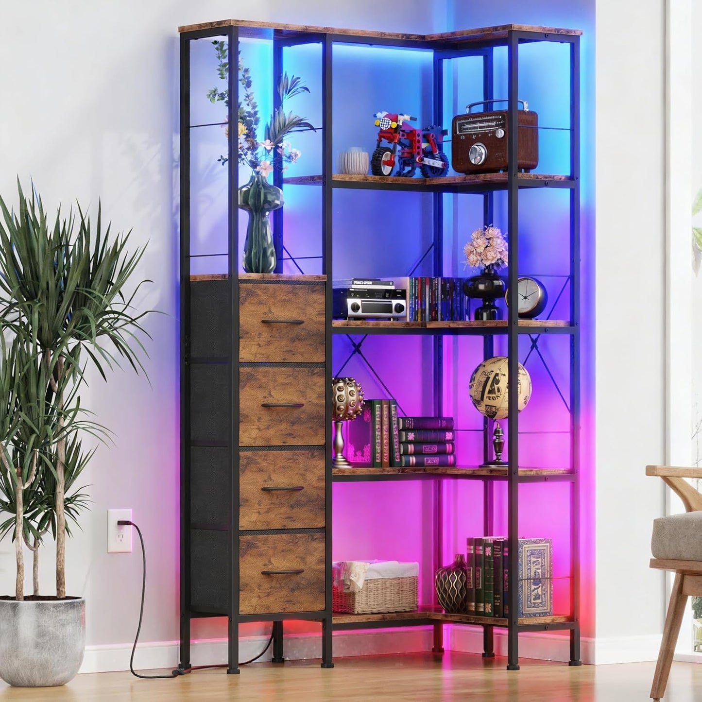 Corner Bookshelf with LED Light Strips & 4 Fabric Drawers, 5-Tier Convertible Corner Shelf with Display Shelf, Large Wood Industrial Bookcase for Living Room, Bedroom, Home Office, Rustic Brown