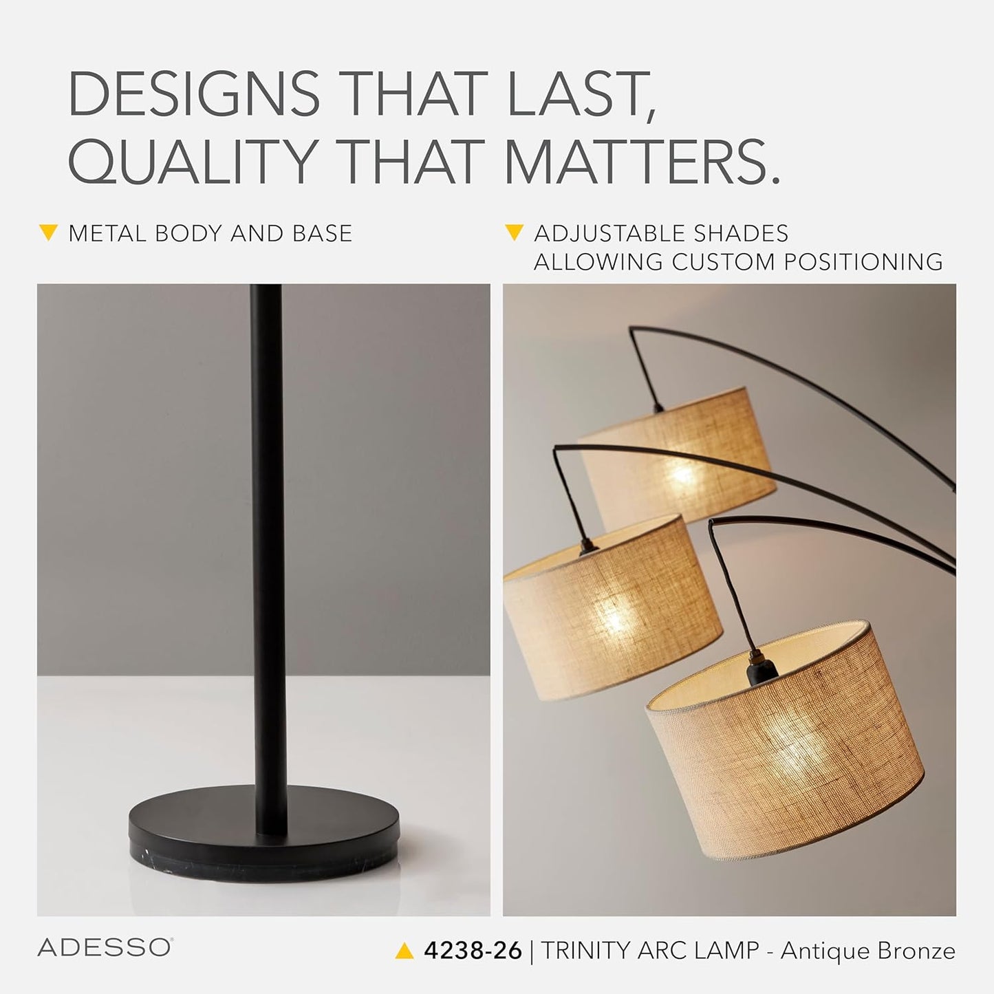 Adesso Arc Floor Lamp with 3 Movable Shades & Dimmable Brightness - Perfect Lighting for Bedroom, Living Room and Corner Decor, Antique Bronze
