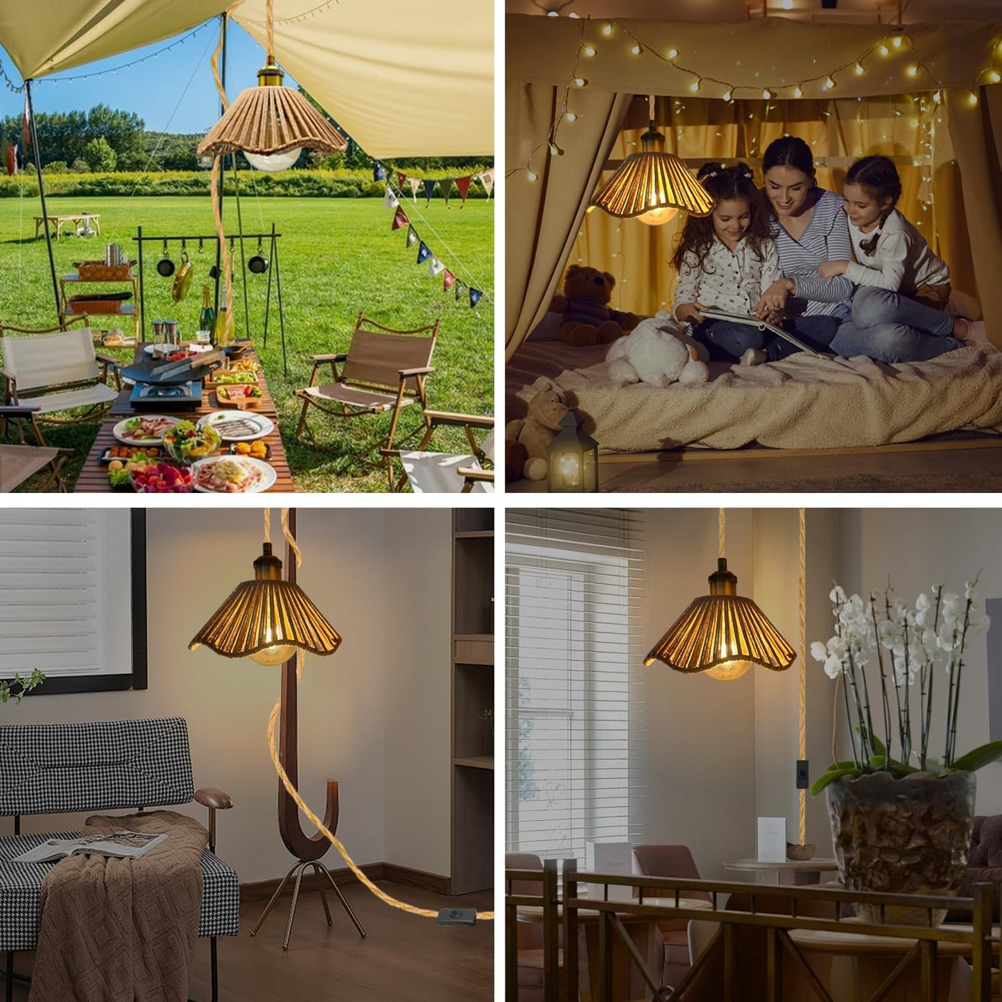 Plug in Pendant Light, E26/E27 Socket Hanging Lights, Hand Woven Hemp Rope Shade 16.7ft Cable with Switch and Plug Bohemian Hanging Light Fixture Vintage Rustic Chandelier (No Bulb)