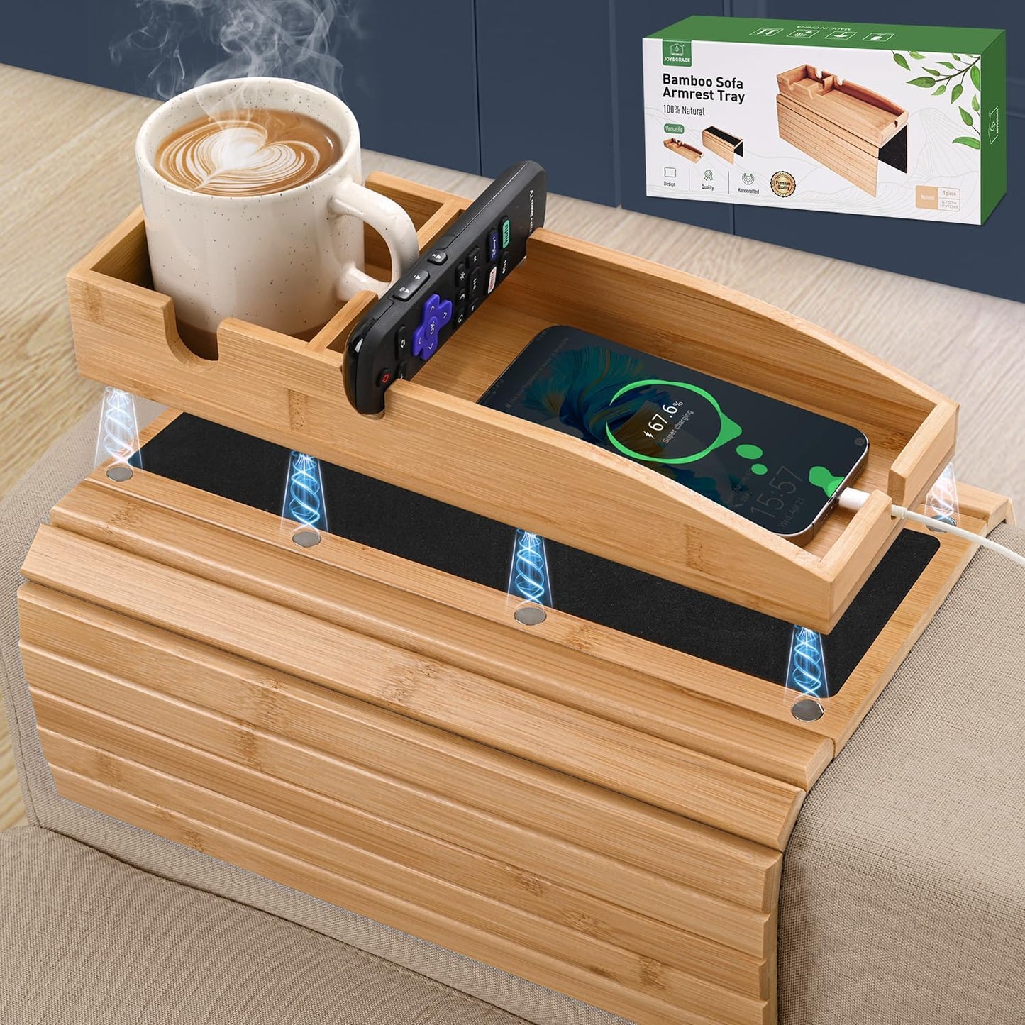 Joy&Grace Couch Cup Holder, 3-in-1 Magnetic Detachable Couch Arm Tray, Bamboo Sofa Armrest Table with Anti-Slip Pad, Sofa Armrest Tray Table (Natural)