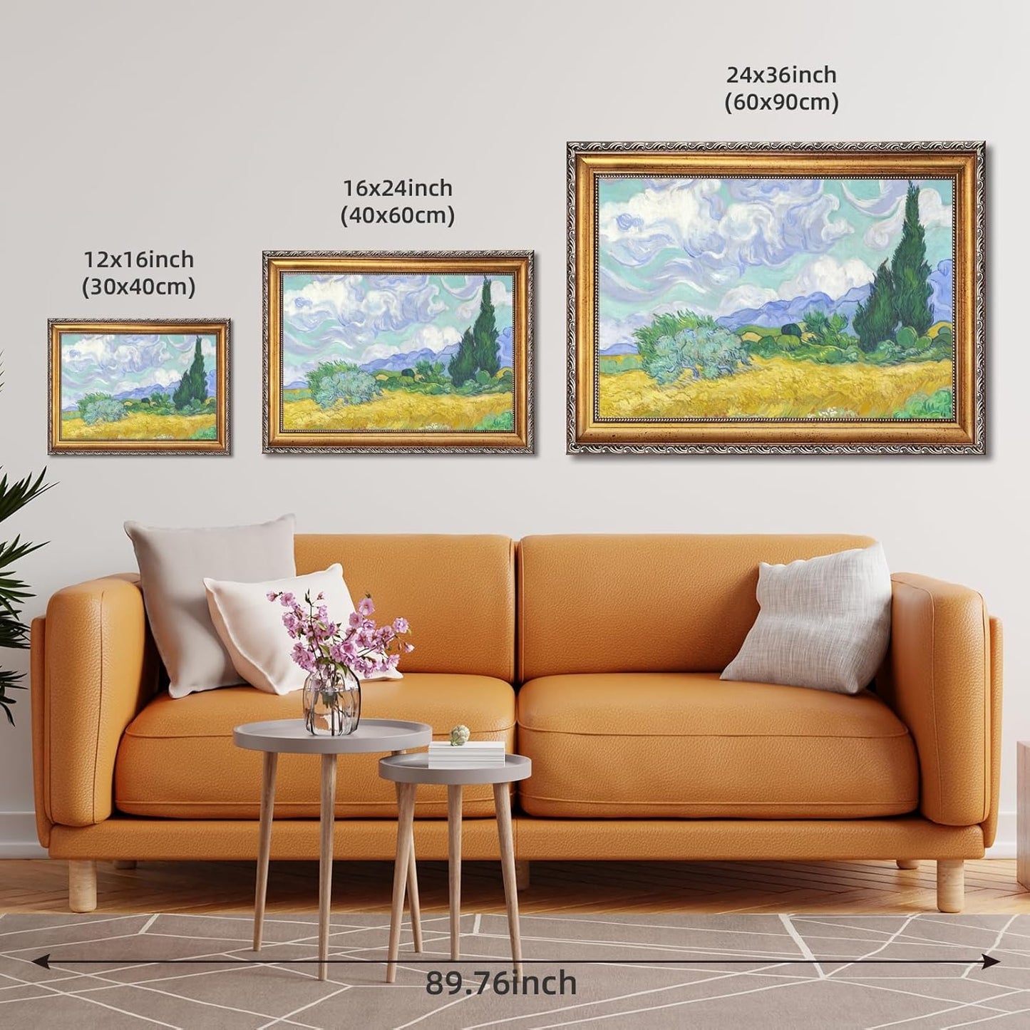 Gold Framed Wheat Field with Cypresses by Vincent Van Gogh Canvas Wall Art Classic Flower Oil Painting Reproduction Poster Famous Artwork Landscape Painting Pictures for Home Decor 12x16inch