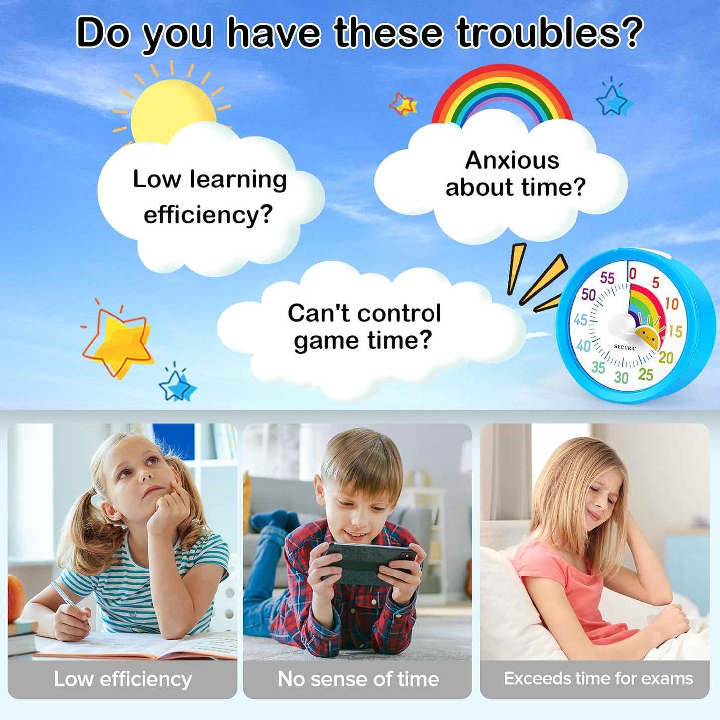 Secura 60-Minute Visual Timer, Rainbow Classroom Timers for Kids, Time Clocks, Countdown Time Tracker Management Tool with Pause Function (Blue & Sun)