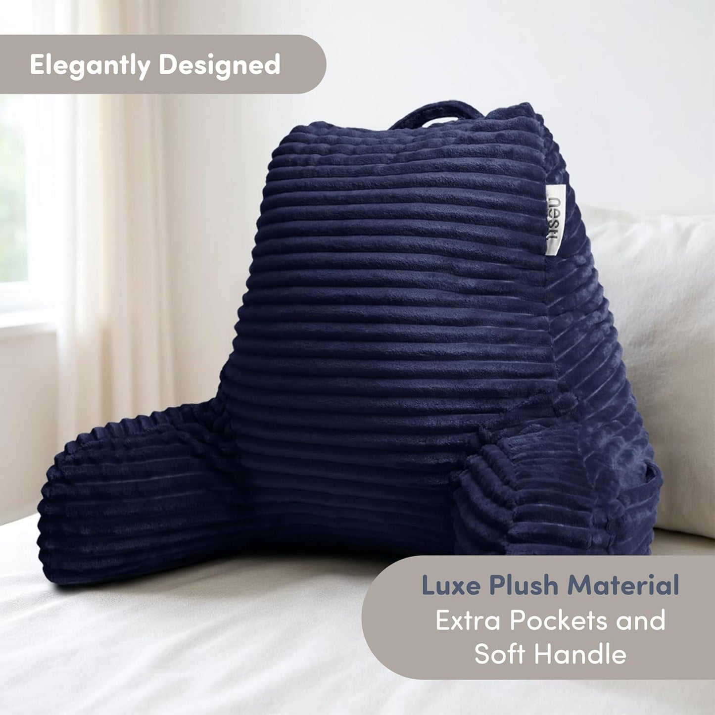Nestl Reading Pillow with Shredded Memory Foam, Luxe Cut Plush Back Pillow for Sitting Up in Bed, Back and Arms Adjustable Support for Adult & Teens, Backrest Pillows with Washable Cover Navy Blue