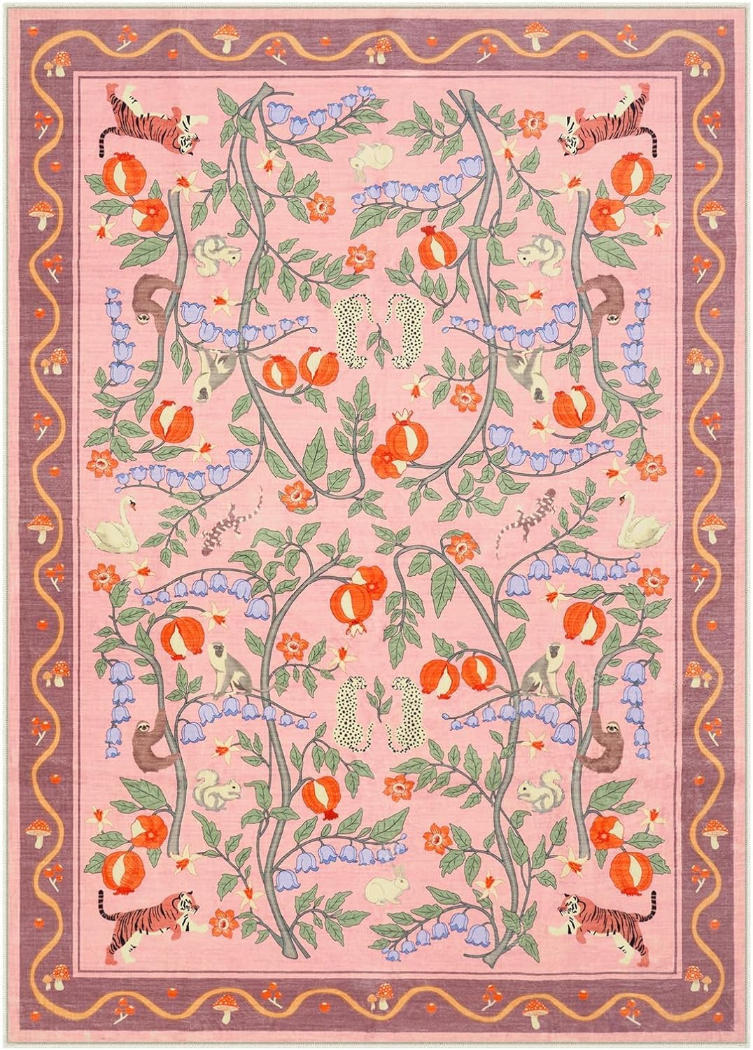 OJIA Animal Print Washable Rugs 5x7 Nursery Rug, Soft Pink Playroom Rug Non-Slip Boho Area Rug, Ultra-Thin Modern Floral Living Room Carpet for Bedroom Kids Room Classroom Office