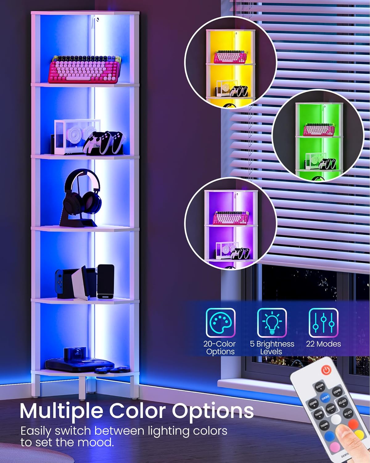 LED Corner Shelf with Lights, 5-Tier Diamond Shape Bookshelf, Standing Narrow Storage Organizer for Living Room, Bedroom, Office, Study, White MCJ03DWB