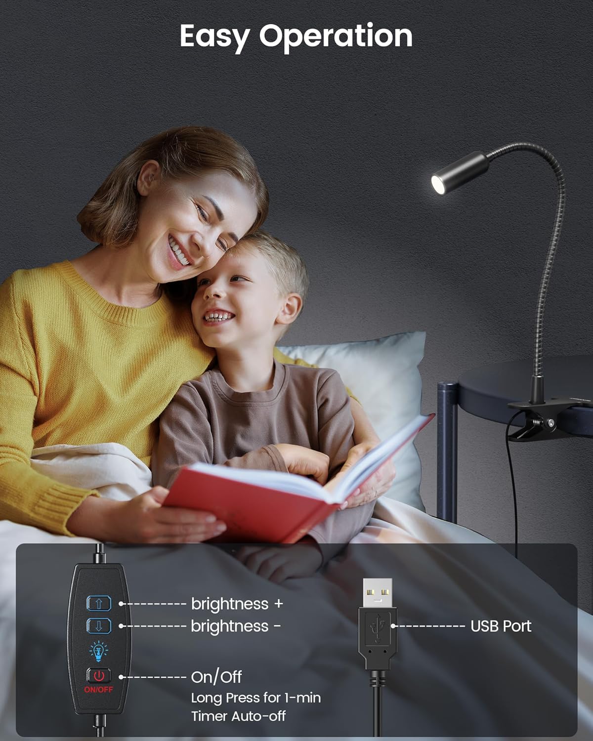 Glocusent Clip on Light: 10 Brightness Levels from 20 to 180LM LED Reading Light with Clamp and Flexible Gooseneck - Eye Caring Book Lights for Reading at Night, Clip on Desk Bed Headboard