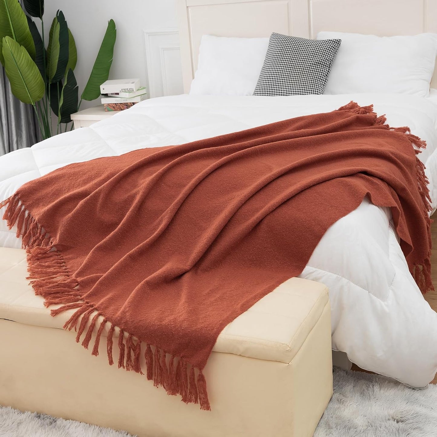 Gealaek Fall Throw Blanket Lightweight Fuzzy Soft Cozy Decorative Blankets for Sofa Bed Farmhouse Throw Blanket Burnt Orange with Fringe 50" x 60"