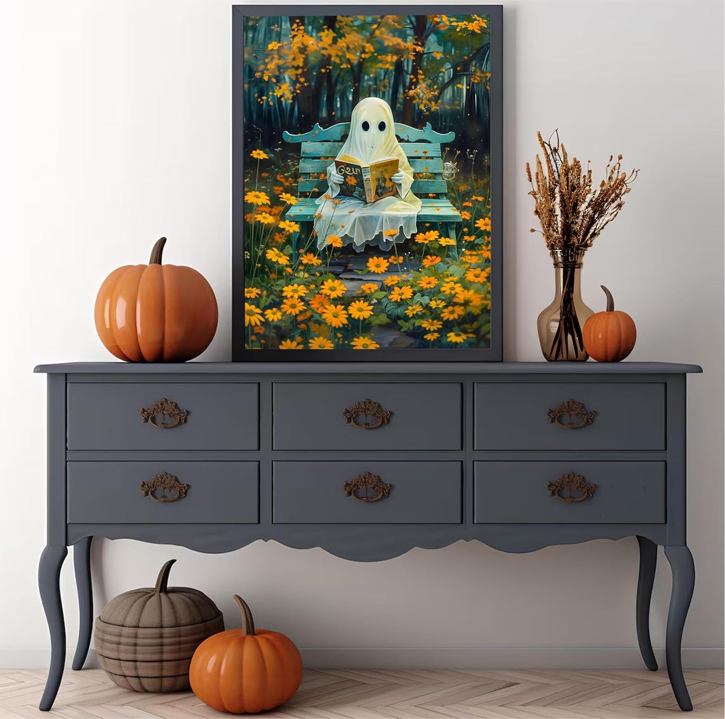 Vintage Halloween Ghost Canvas wall art Funny Cute Ghost Reading Book Painting Pictures wall decor Gothic Dark Whimsical Aesthetic Posters Prints for Bedroom Living Room Scene Home Decoration Unframed