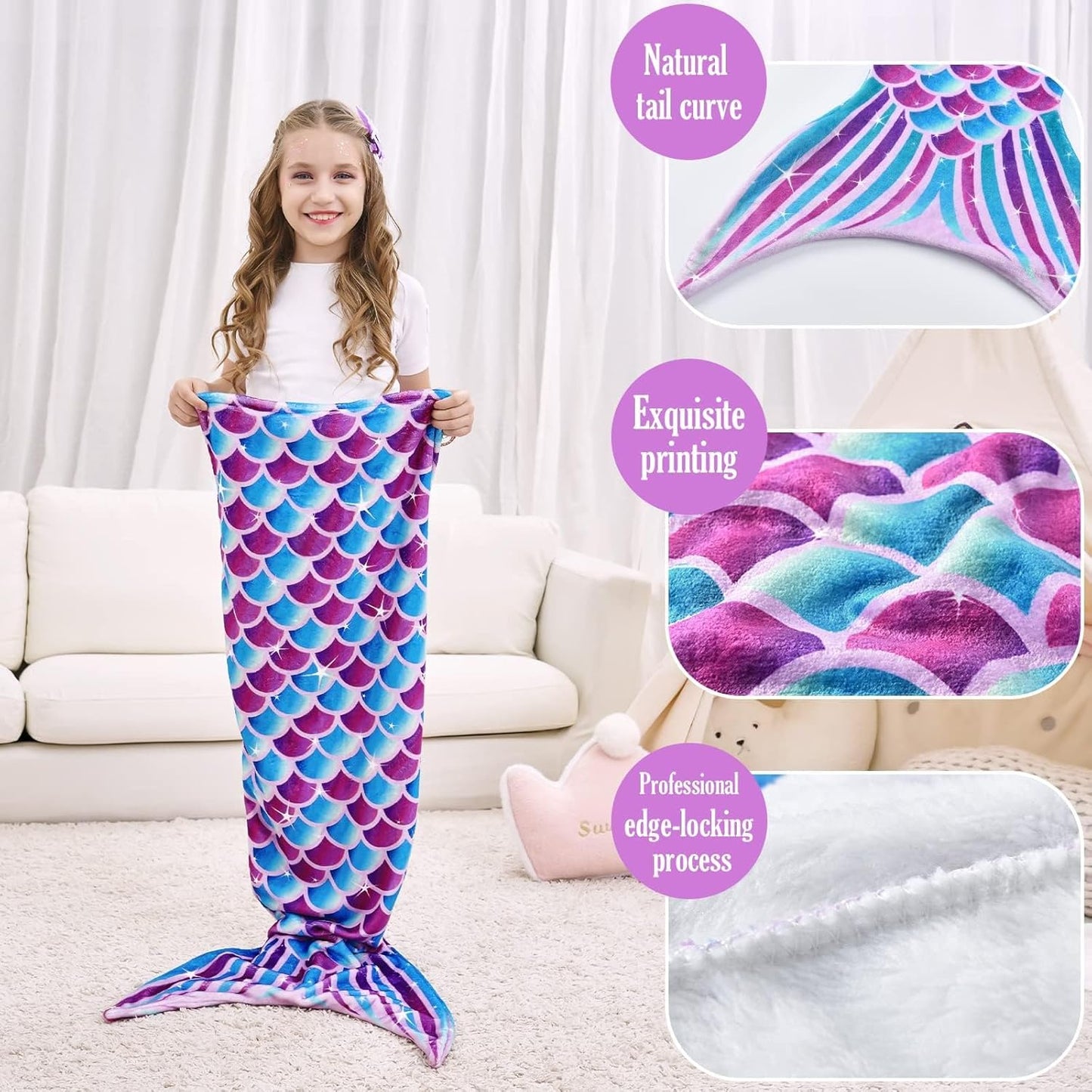 WERNNSAI Mermaid Tail Blanket – Plush Flannel Mermaid-Shaped Throw Blanket for Girls & Teens, Soft Cozy All-Season Blanket for Sofa, Bed & Travel, 55" x 24" (Blue)