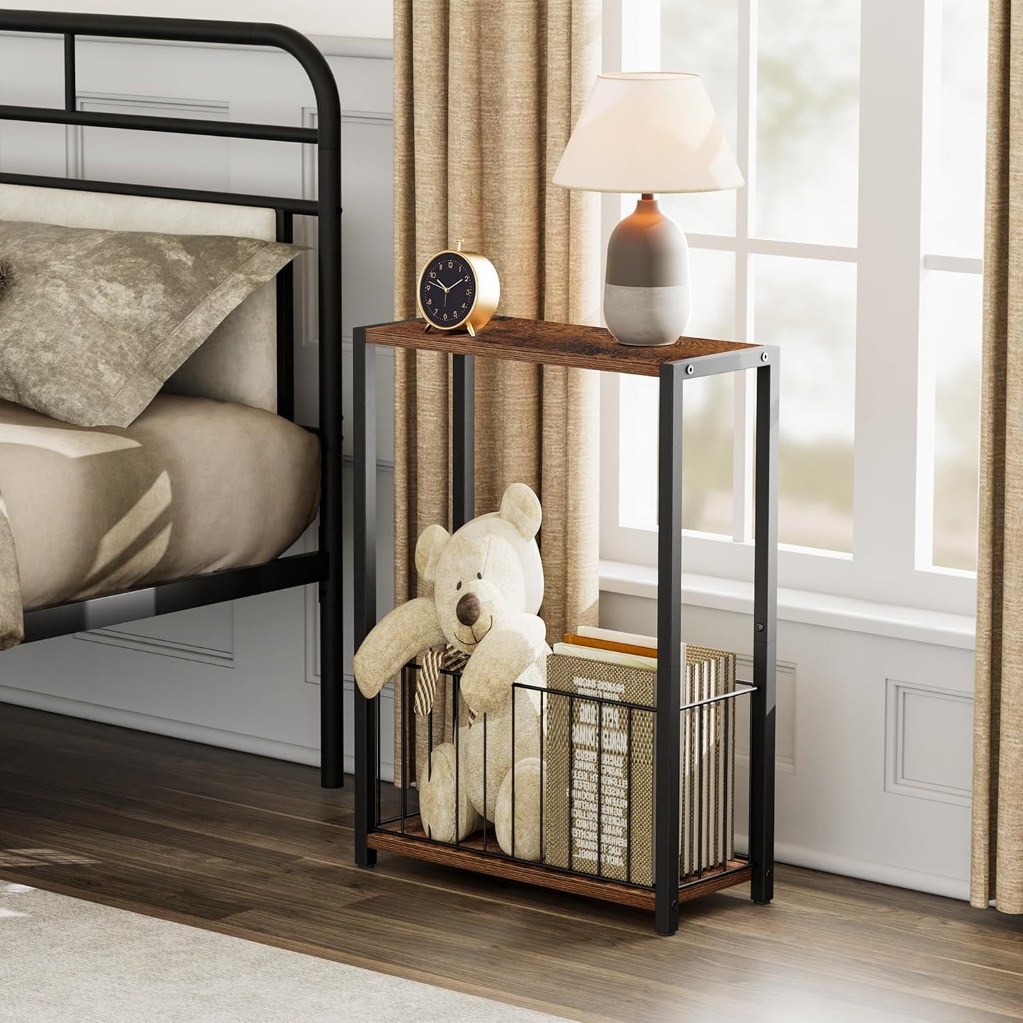 Narrow Side Table with Magazine Holder, Skinny End Table Perfect for Small Spaces, Space-Saving Design for Living Room, Bedroom, or Office, 7.1" D x 16.9" W x 23.6" H, Rustic Brown