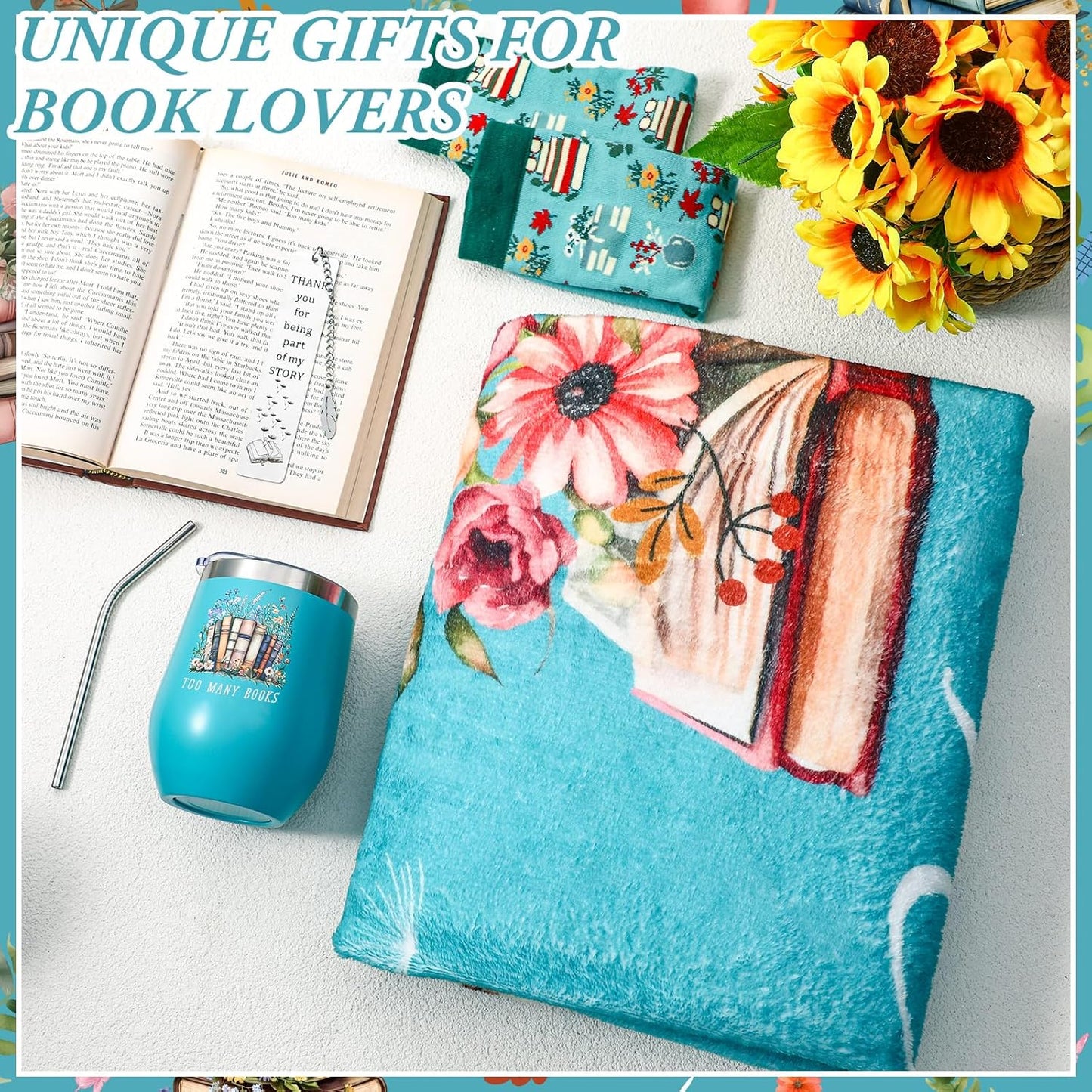Sieral 4 Pcs Book Lovers Gifts for Women Book Gift Include 60" x 50'' Reading Blanket 12oz Insulated Tumbler Sock Bookmark for Valentine's Day Teacher Mother Bookish Library Club Librarian(Green)