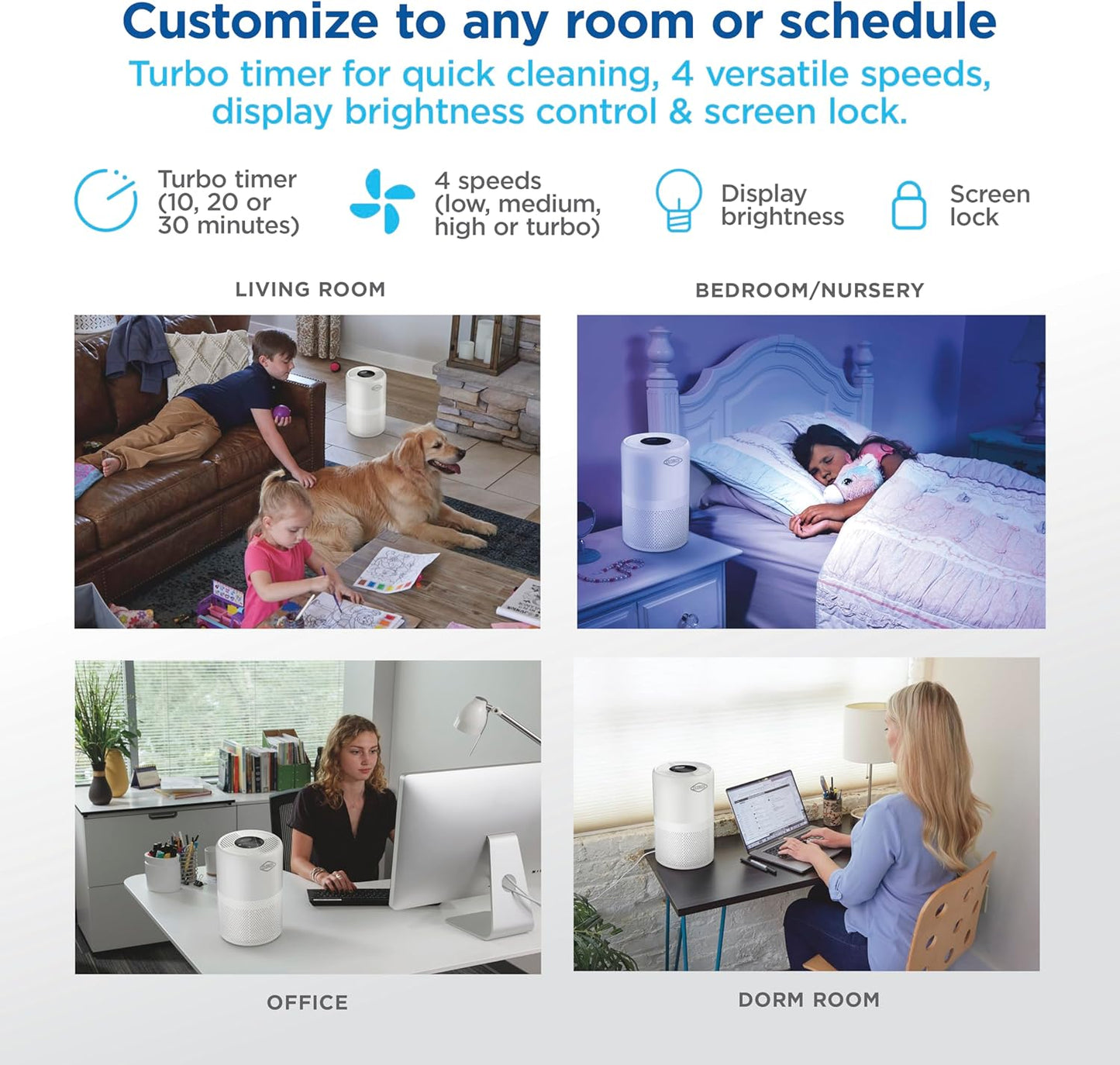 Clorox Turbo Air Purifiers for Home, True HEPA Filter, Quickly Cleans Medium Rooms Up to 1,000 Sq Ft, Reduces 99.9% of Mold, Viruses, Wildfire Smoke, Allergens, Pet Allergies, Dust, Whisper Quiet