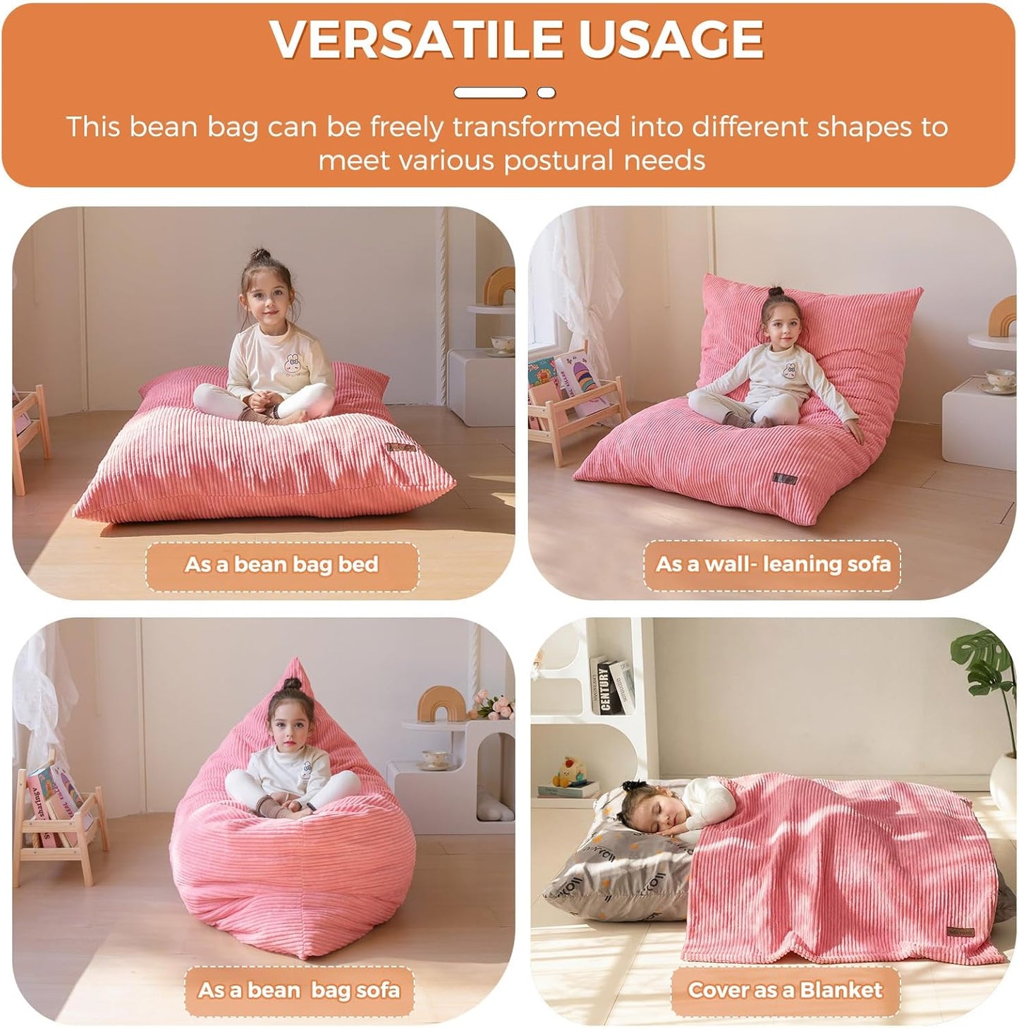 MAXYOYO 3 in 1 Kids Bean Bag Chair Bed, Convertible Chair Folds from Bean Bag to Lounger, Child Floor Sofa for Gaming, Reading, Floor Mattress with High-Density Foam Filling