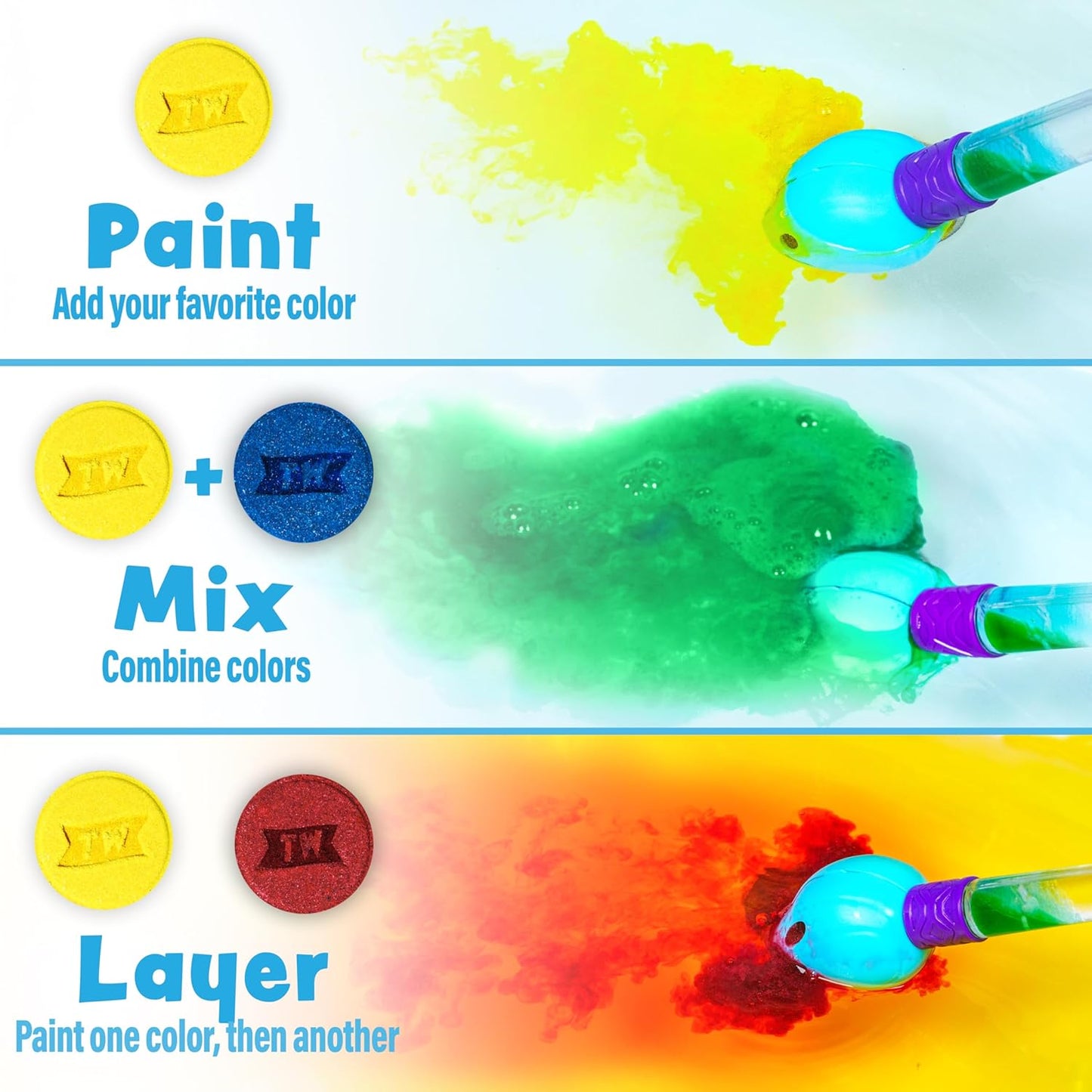 Tub Works® Bath Color Brush™ Kids Bath Bomb Set | Nontoxic & Fragrance-Free | Use Brush to Paint Water with Vibrant, Fizzing Colors | Fun BathBombs for Kids Bath | Creative Bathtub Toys for Toddlers