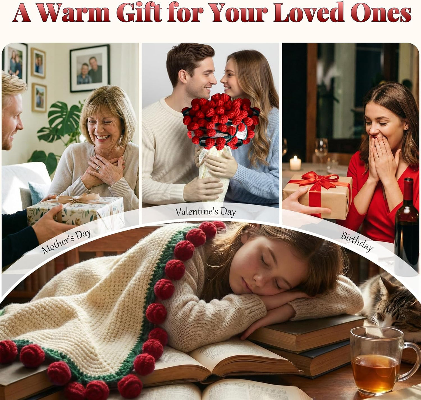 Valentines Day Gifts for Her, 59 Inch Crochet Rose Flower Bouquet Blanket, Birthday Gifts for Women Girlfriend Mom Wife Kids, Romantic Gift Ideas for Galentines Anniversary Christmas (Red Rose)