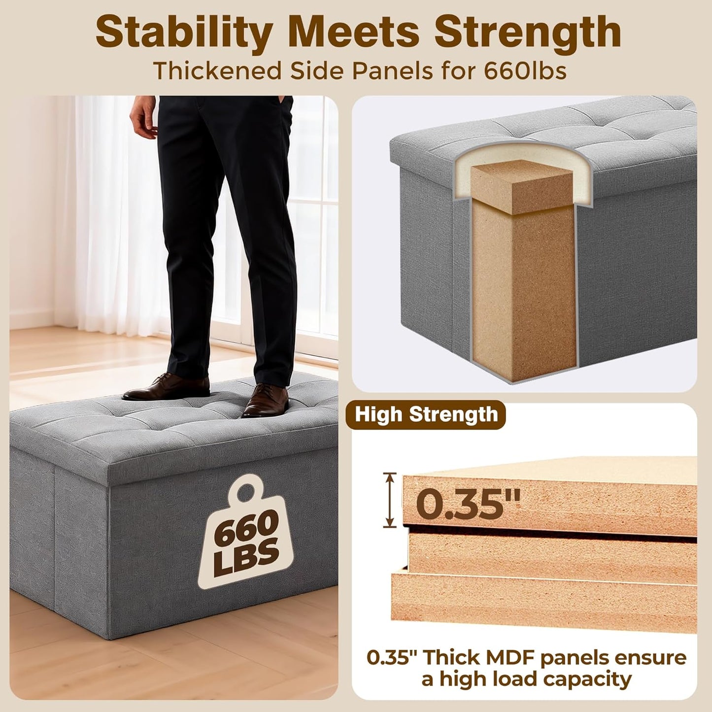 Camabel 30 Inches Folding Storage Ottoman Bench, Ottoman Foot Rest, End of Bed Bench, Storage Chest, Load 660 lb, for Living Room, Bedroom, Entryway Grey