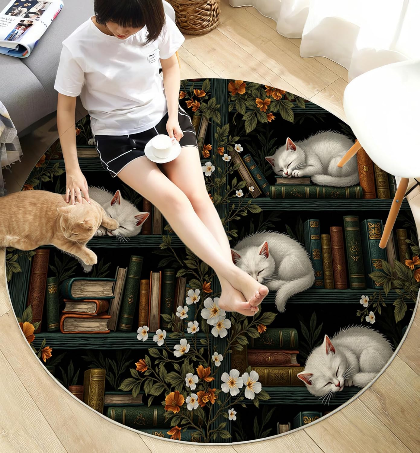 Washable Retro Cat Bookshelf Area Rug, 5.25Ft Round Rugs for Living Room Soft Carpet for Bedroom Fantasy Illustration Indoor Stain Resistant Non-Shedding Floor Carpet, Black, 5.25Ft-Round
