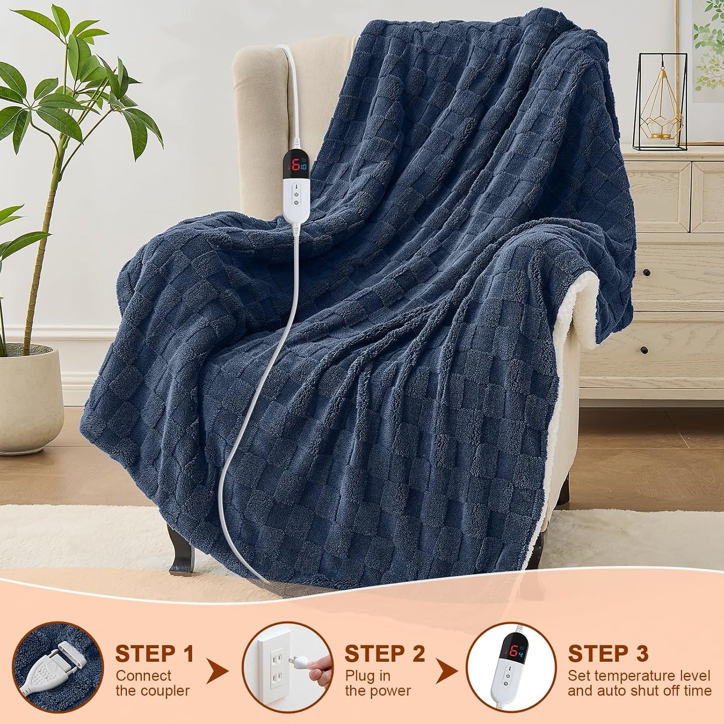 Electric Heated Throw Blanket - Jacquard Checkered Sherpa 50"x60" Fast Heating Bed Blankets with 6 Heating Levels & 4 Hours Auto Off, Over-Heat Protection ETL, Navy Blue