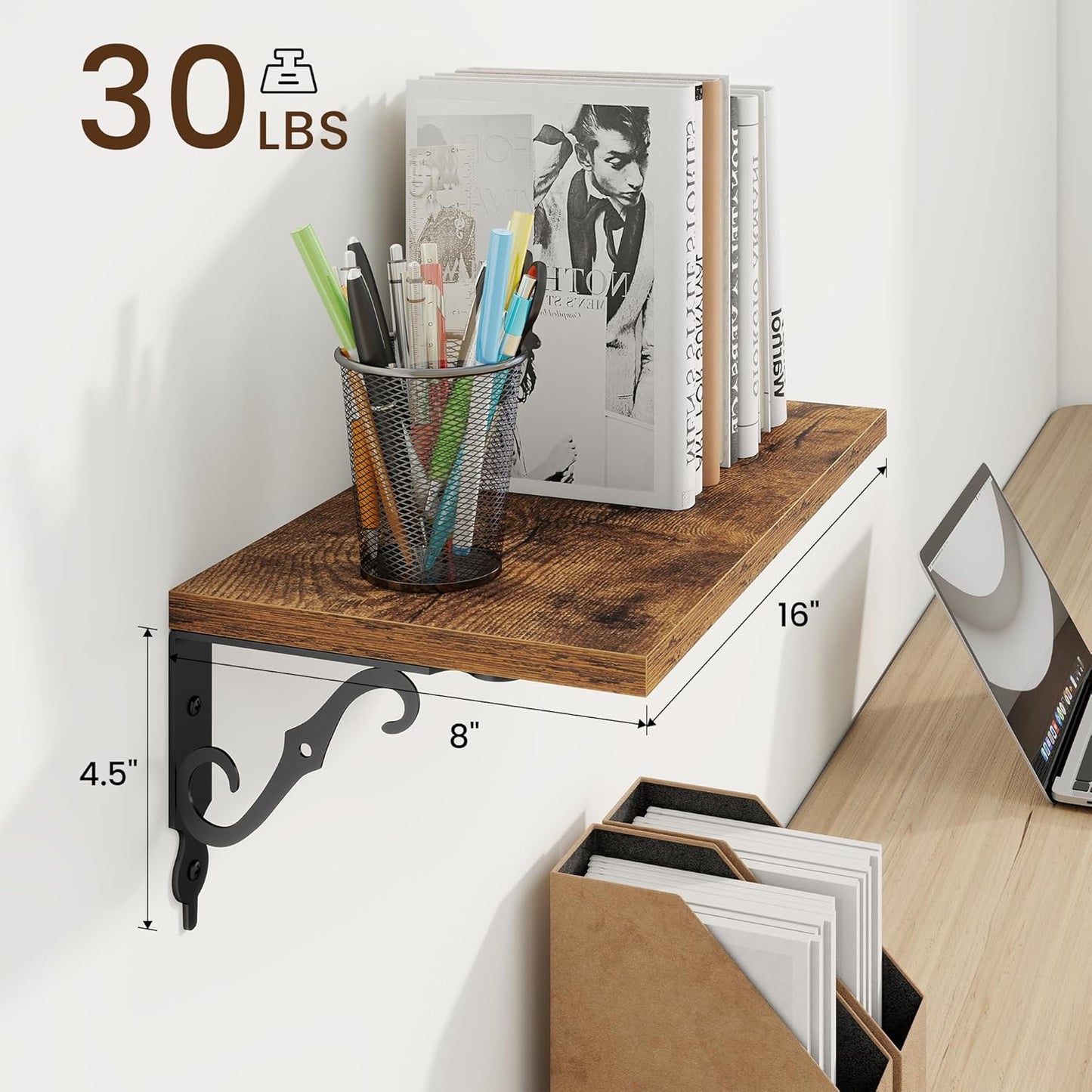 RICHFOCUS Floating Shelves for Wall Decor, 8 Inch Deep Floating Shelves Set of 2, 16W x 8D Shelves Wall Mounted with Metal Brackets, Wood Shelves for Living Room Bedroom Kitchen, Rustic Brown