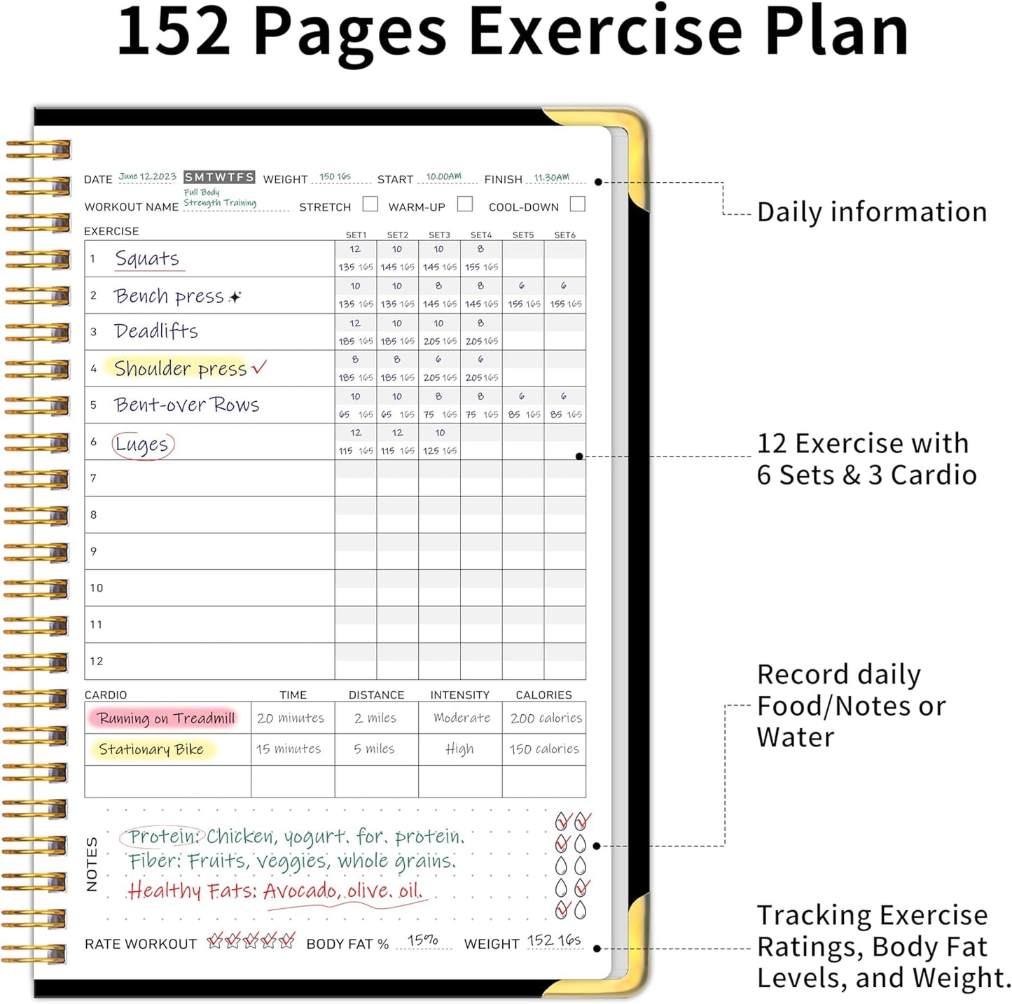 Workout Journal Fitness Tracker Planner for Men & Women, 5.9"×9.4" Workout Log Book for Tracking Gym & Home Workouts, Monitoring Progress - Exquisite Design Hardcover with Metal Corner , A5 Size Black Easy to Carry