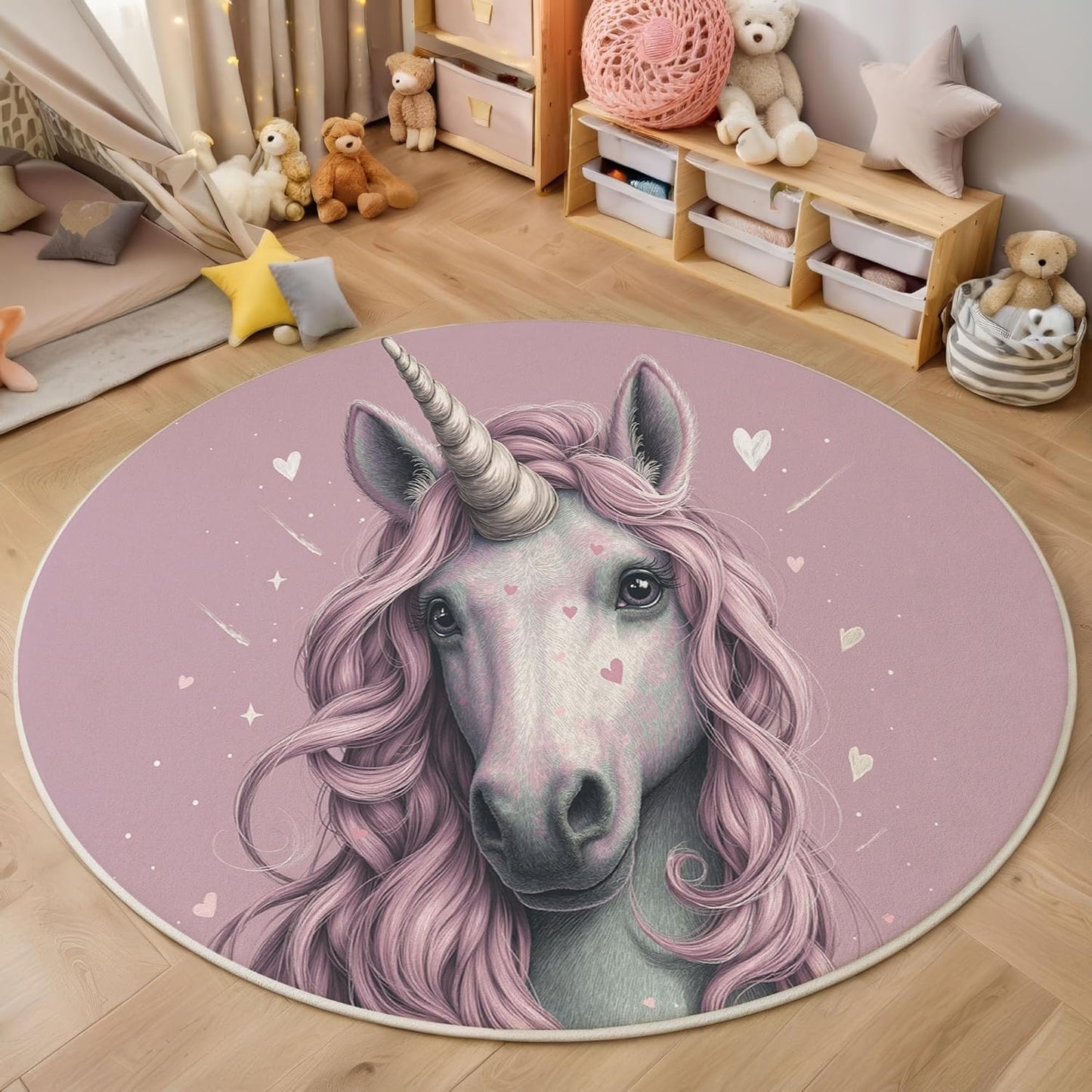 Cute Heart Unicorn Round Rugs 4Ft, Animal Poster Round Living Room Area Rug, Washable Large Soft Circle Rug for Bedroom, Non Slip Ultra Thin Floor Carpet for Dining Room, Pink