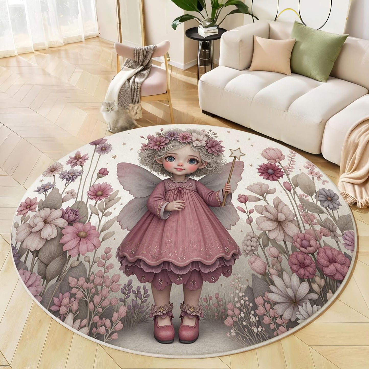 4Ft Round Washable Rug - Large Area Rug for Living Room Dining Room, Pink Gray Soft Bedroom Carpet with Cute Flowers Fairies Pattern, Fairy Tale Illustration Décor, Low Pile Stain Resistant