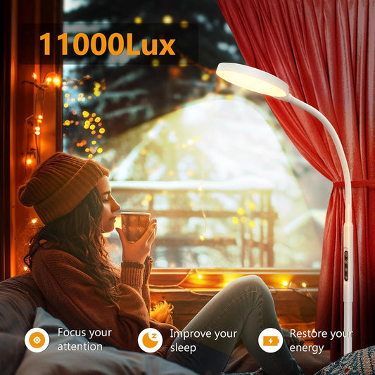 Daylight Floor & Desk Lamp – 11,000 Lux UV-Free Full Spectrum Light, 5 Color Temperatures & 10 Brightness Levels, 360° Adjustable Gooseneck Lamp for Home Office, Bedroom & Reading (White)