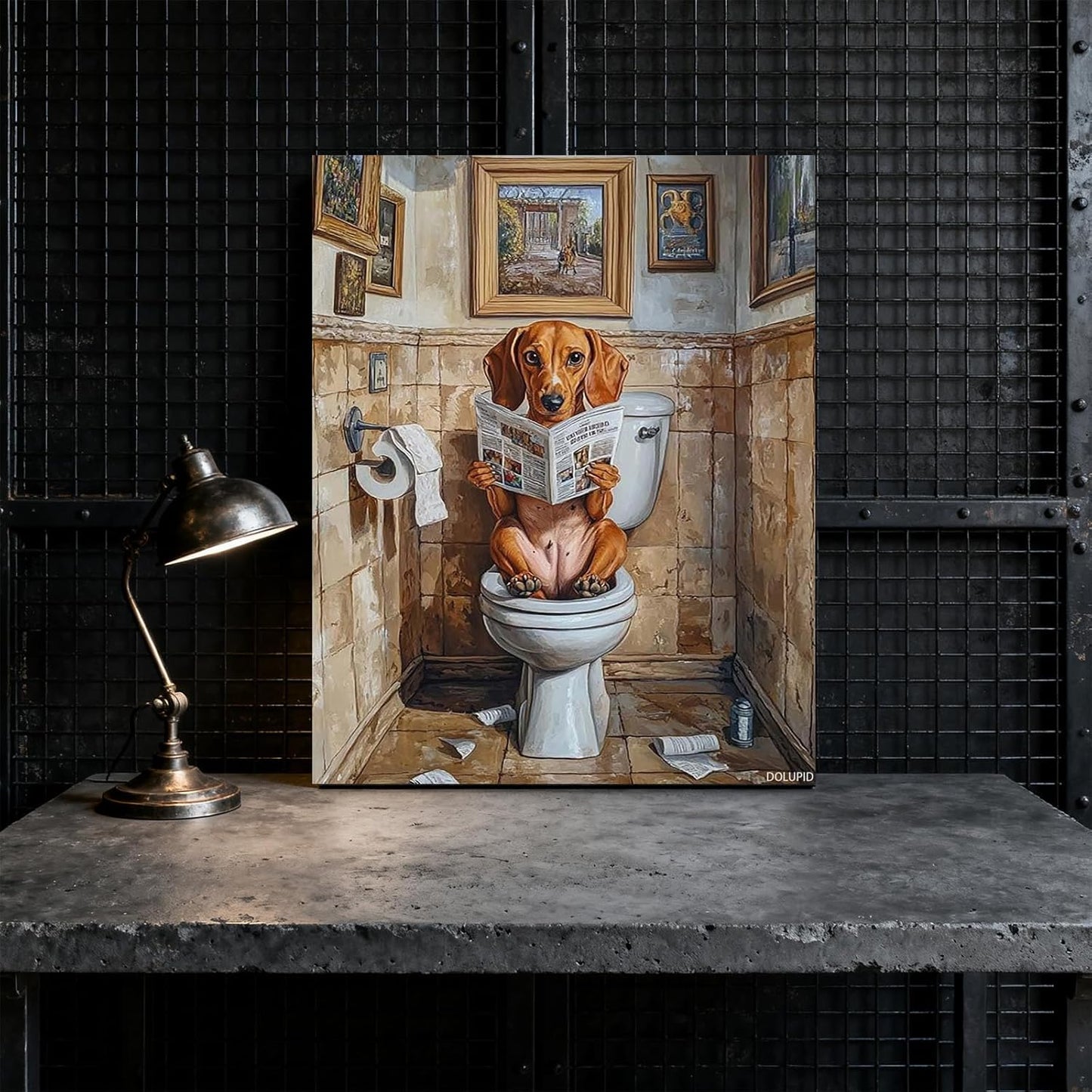DOLUPID Dachshund Dog Sitting on Toilet and Reading A Newspaper Posters Wall Art Decoration for Bathroom Vertical Artwork Painting Canvas Print 8x10inch with Frame
