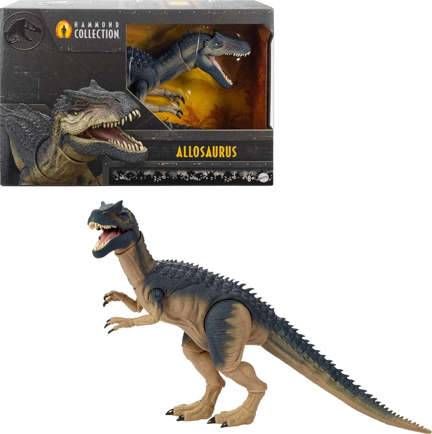 Mattel Jurassic World Hammond Collection Allosaurus Dinosaur Action Figure, Premium Movie Design, Glass Eyes & Wired Tail, 19 Points of Articulation (Amazon Exclusive)