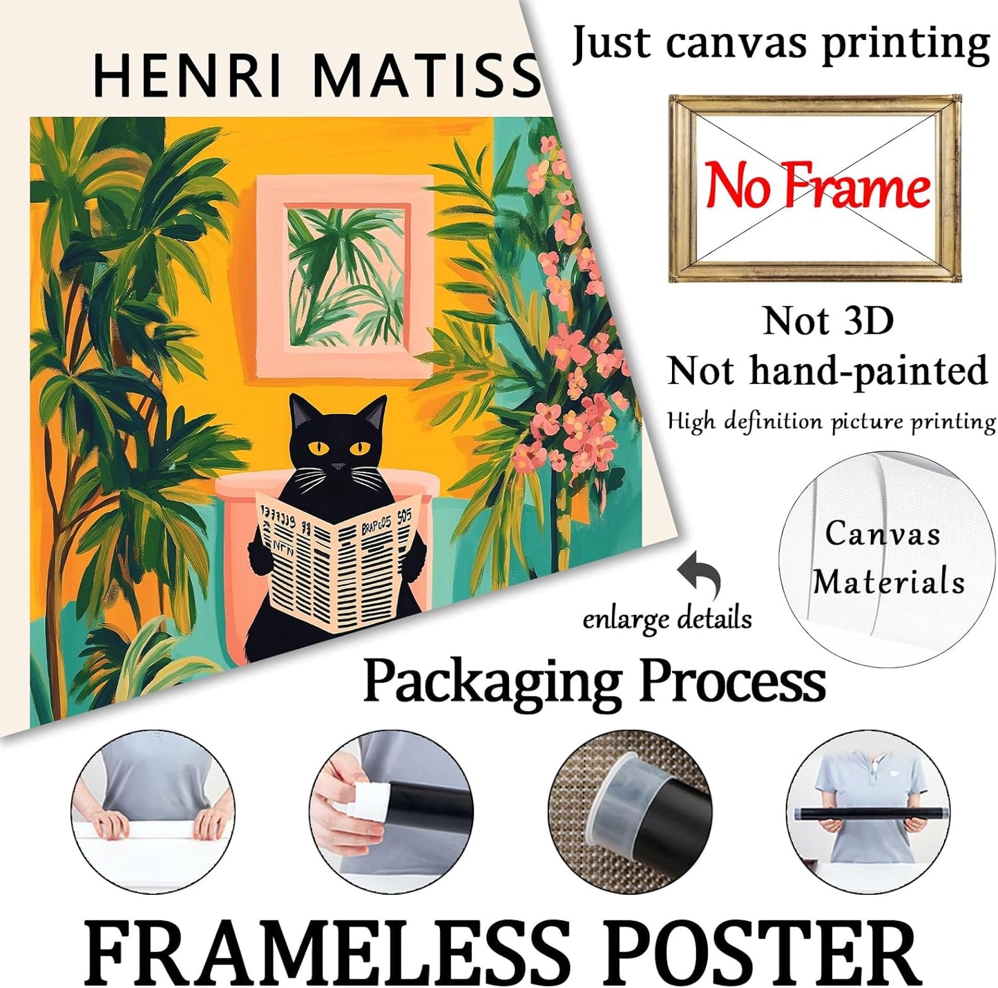 Matisse Black Cat Wall Art Funny Animal Aesthetic Posters Aesthetic Preppy Pictures Boho Artwork For Bathroom Black Cat On Toilet Reading Newspaper Wall Art Matisse Botanical Prints 16x24in Frameless