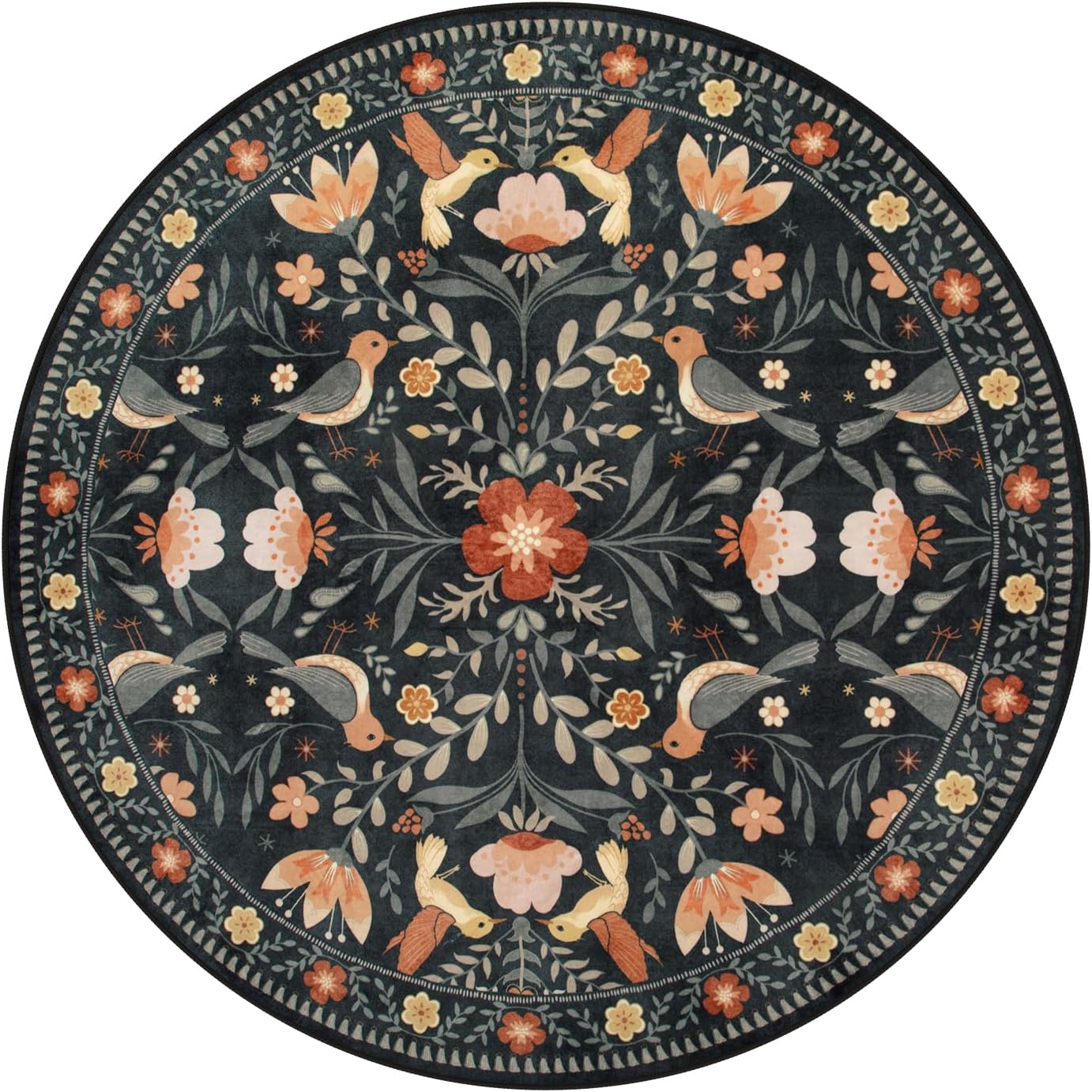 Moynesa Floral Bird Round Rug 6ft Washable Circle Rug Non Slip,Modern Transitional Black Area Rugs for Bedroom Reading Coner,Farmhouse Living Dining Room Aesthetic Carpet Folk Art Home Decor