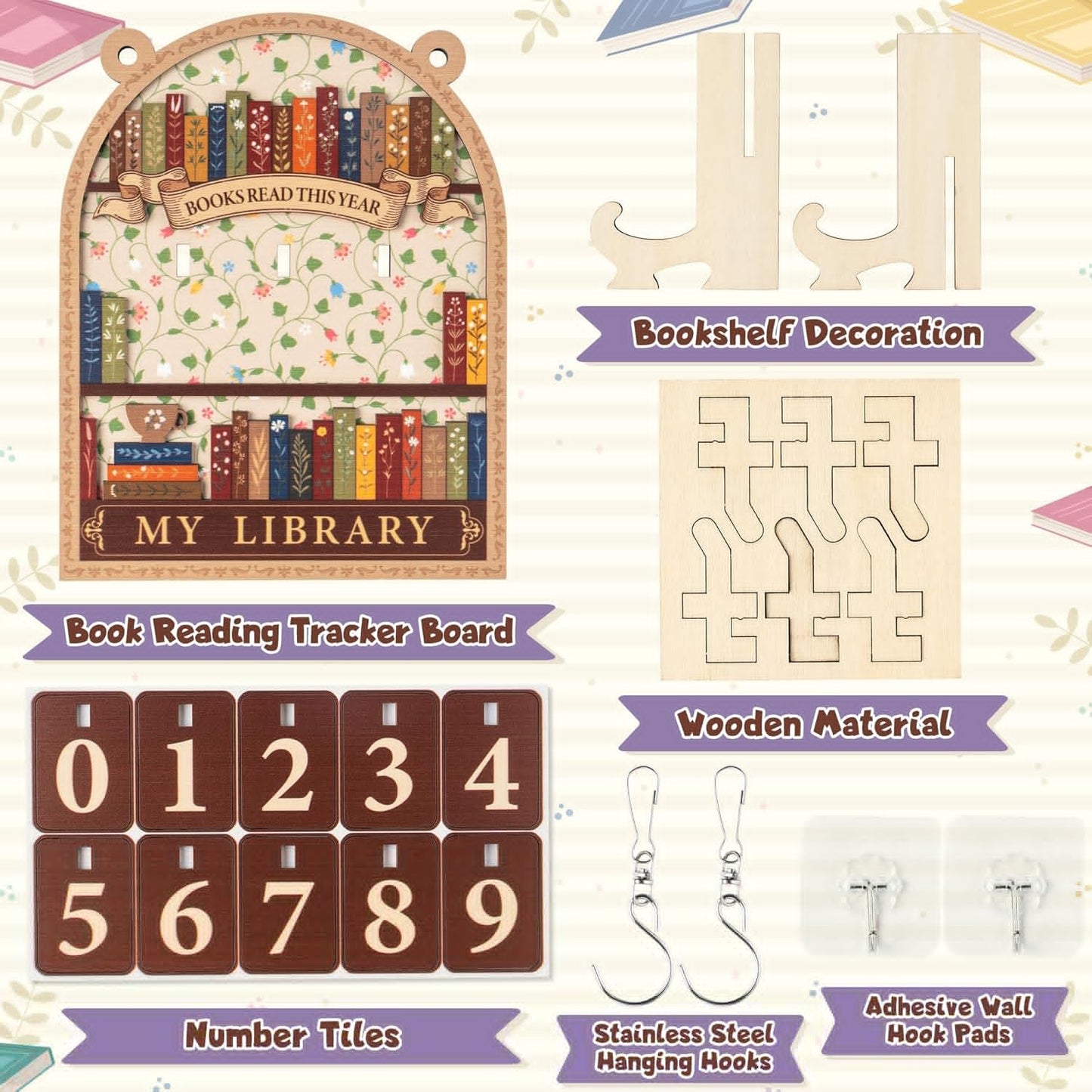 Laffact Books Read This Year Counter - Reading Tracker Sign for Home Library Bookshelf Decoration, Book Suncatcher Ornament Floral Bookish Gifts Accessory for Book Lover Bookworm Birthday Table Decor
