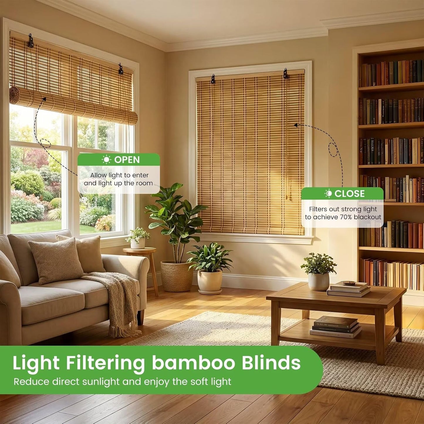 Bamboo Blinds Easy to Install Bamboo Shades for Indoor Windows Custom Sizes Roller Shades for Indoor Windows Roll Up Blinds Indoor Outdoor Patio, 32" W x 48" H