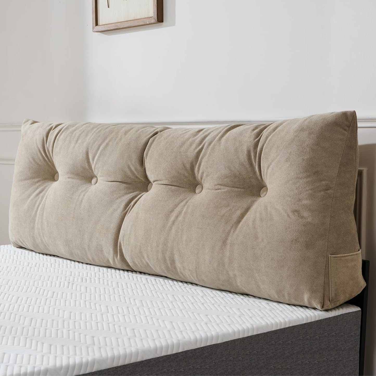 Lukace Premium Wedge Pillow Headboard with Removable Cover - Triangular Reading Support Backrest for Bed with Side Pockets, Perfect for Reading & TV (Beige Twin Size, 39x8x20 Inches)