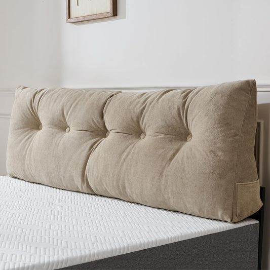 Lukace Premium Wedge Pillow Headboard with Removable Cover - Triangular Reading Support Backrest for Bed with Side Pockets, Perfect for Reading & TV (Beige Twin Size, 39x8x20 Inches)