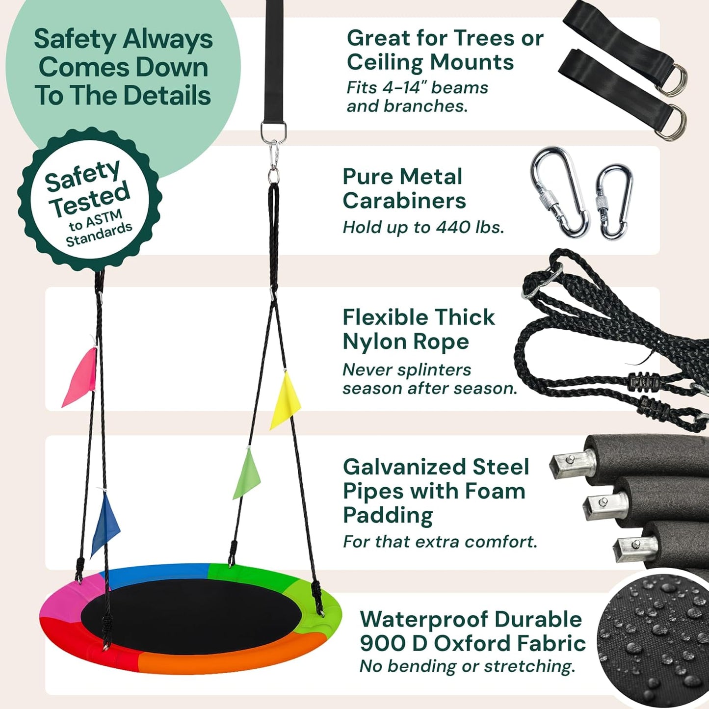 PLAYVIBE 40" Saucer Swing for Kids Outdoor - Gifts for Indoor Playroom & Birthday - Tree Swing Set for Backyard, 440 lb Capacity - Multicolor 600D Oxford Fabric & Adjustable Ropes, Straps & Carabiners