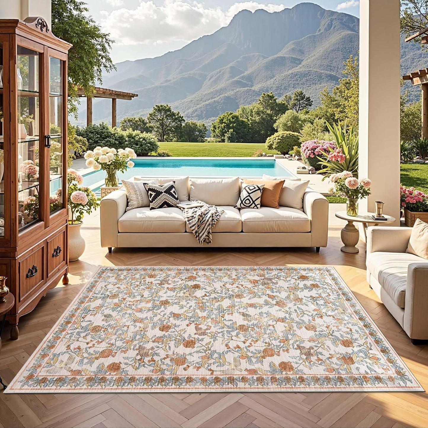 jinchan Eden Floral Area Rug 6x9 Washable Vintage Soft Non-Slip Distressed Orange Fall Decor Carpet Low Pile Accent Rug for Living Room Kitchen Bedroom Dining Room Nursery