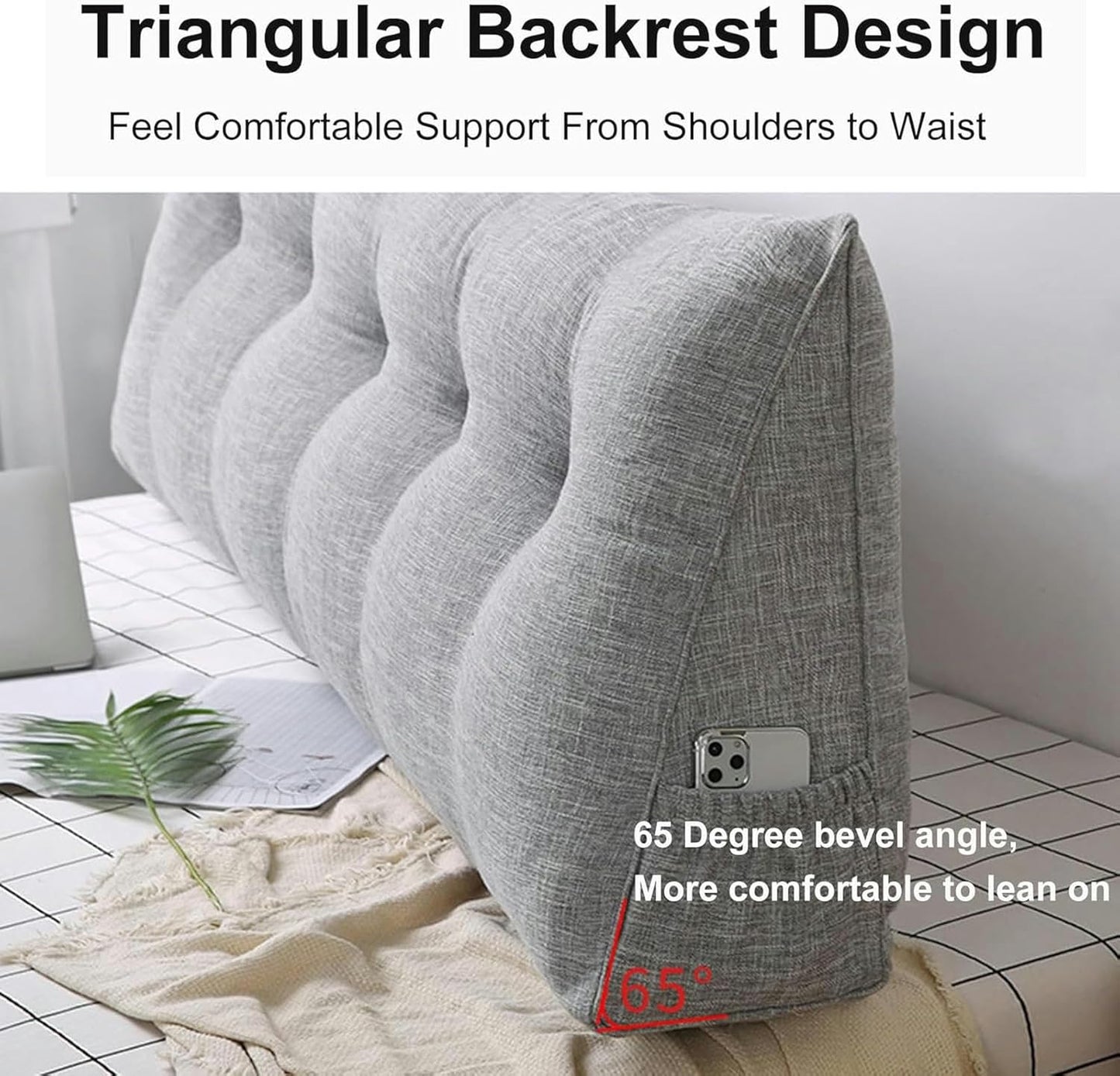 Large Headboard Back Rest Cushion Support Pillow, Triangular Reading Pillow with Removable Cover, Lumbar Support Back Wedge Pillow for Bedroom Bed Bay Window Sofa