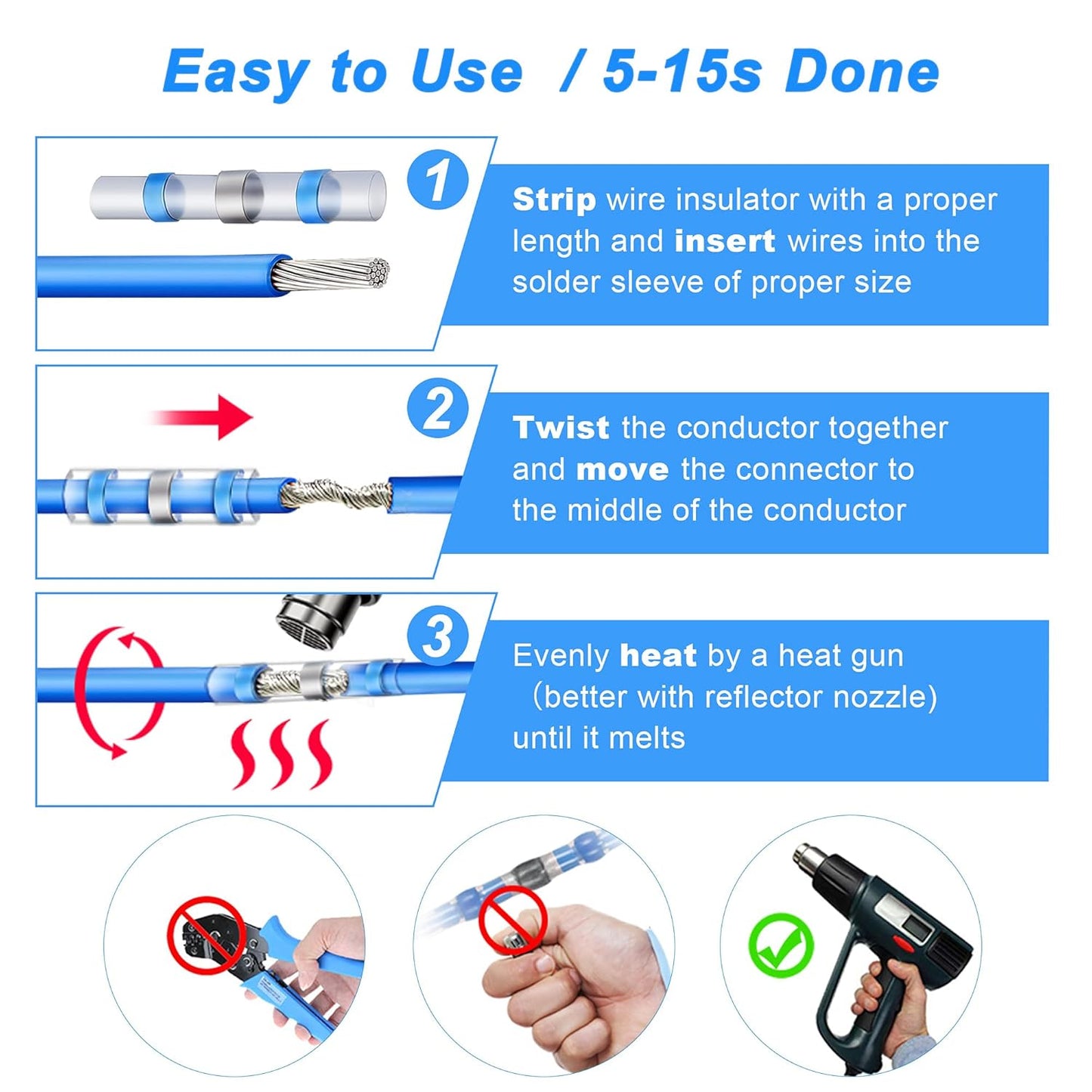 Kuject 200PCS Solder Seal Heat Shrink Butt Connectors, Waterproof Wire Connectors Kit Electrical Terminals, Solderless Insulated Wire Splice Cable Connector for Marine Automotive Boat Truck