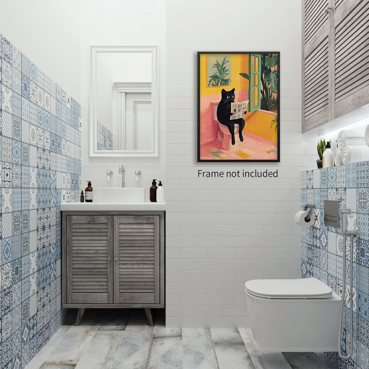 Jefuzh Black Cat Bathroom Wall Art Cat Sitting on Toilet Reading Newspaper Posters Funny Animal Pictures Prints for Toilet Showering Bath Wall Decor （12 x 16 inches Unframed）