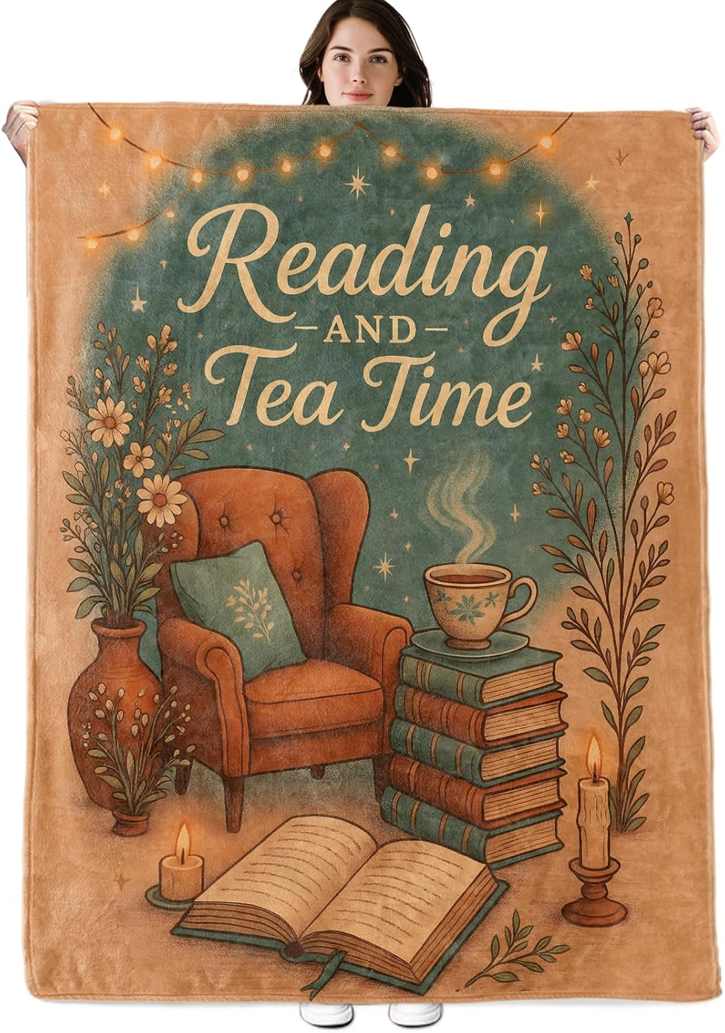 Book Blanket, 60"x50" Flannel Cozy Lightweight Reading and Tea Time Throw Blankets Gifts for Couch Bed Living Room Decor, Soft Blanket for Women Kids