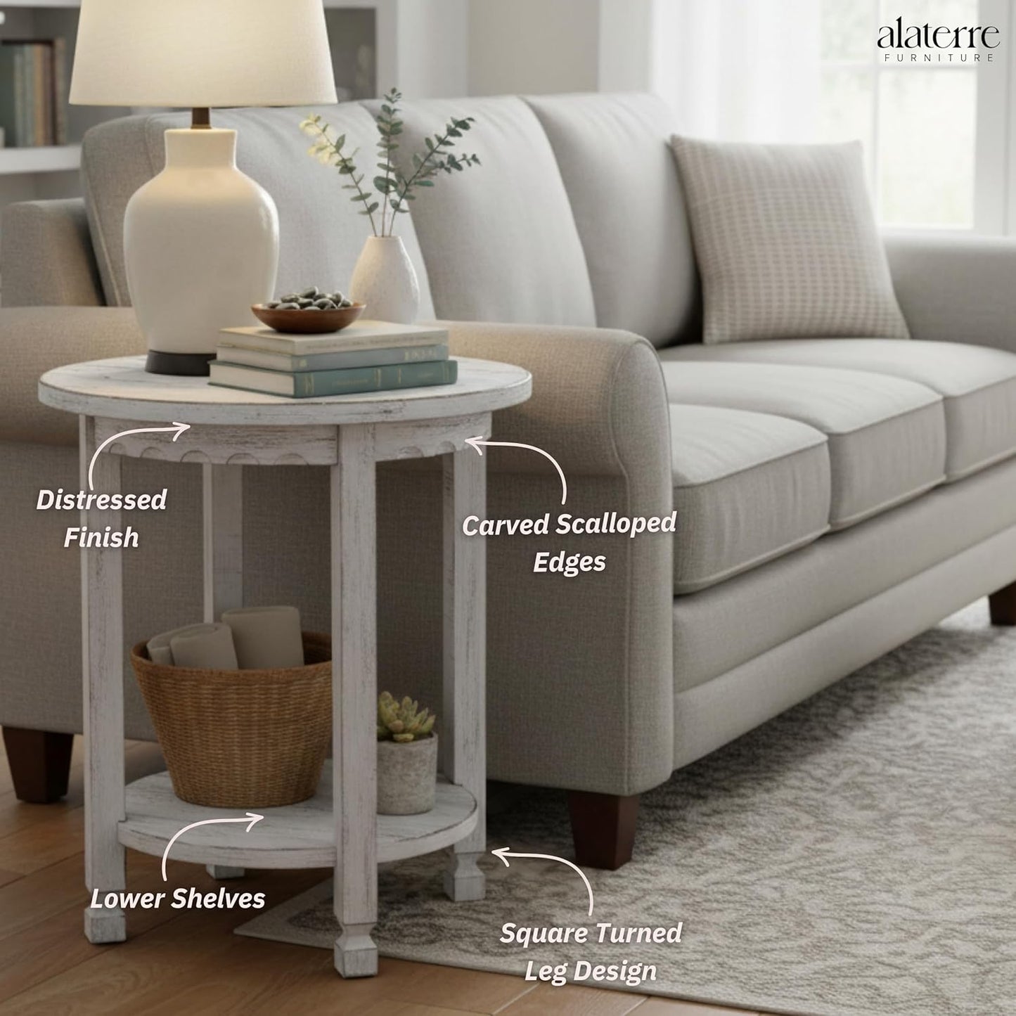 Alaterre Furniture Country Cottage Round End Table – 20” Rustic Farmhouse Side Table with Lower Shelf, Carved Edges & Square Turned Legs – Accent Table for Living Room or Bedroom (Antique White)