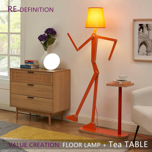 Unique Wood Floor Lamp Tea Table Storage for Living Room Bedroom Kids Bedside - Corner Reading Creative Swing Arm Standing Light for Home Office Farmhouse - LED Bulb Included (Orange Table)