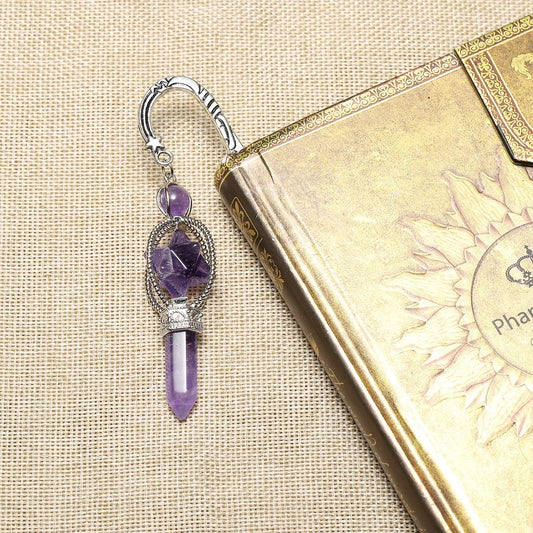Jovivi Anqitue Silver Metal Bookmark Beading Bookmarks with Amethsyt Crystal Quartz Merkaba Hexagonal Pointed Bead