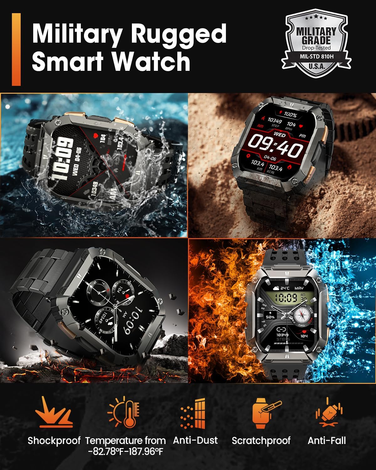 Military Smart Watches for Men, 1.95'' Smart Watch with 100 Days Battery/Flashlight, Fitness Tracker Watch with Heart Rate/Sleep Monitor/100+ Sports Mode,5 ATM Rugged Smartwatch for Android and iPhone