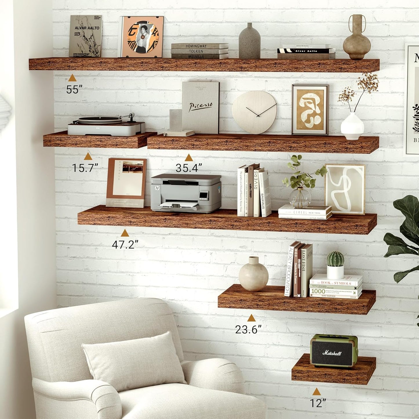 Vivelove 12 Inch Deep Floating Shelves for Wall, 24x12 Long Wall Shelves with Invisible Brackets, for Living Room Bedroom Bathroom, Farmhouse Rustic Shelves Home Decor, Set of 2, Rustic Brown