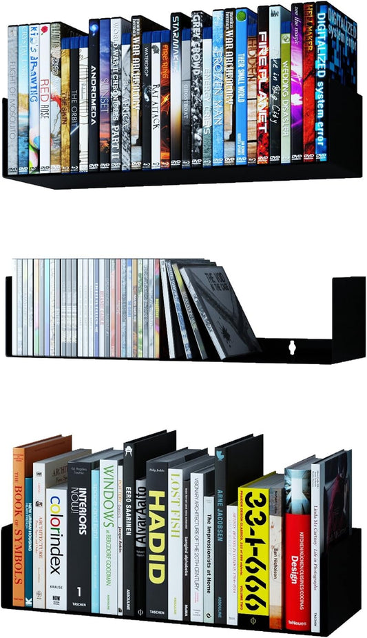 Wallniture Bali Black Bookshelf and CD DVD Storage Shelf Set of 3, Metal Floating Book Shelves for Wall